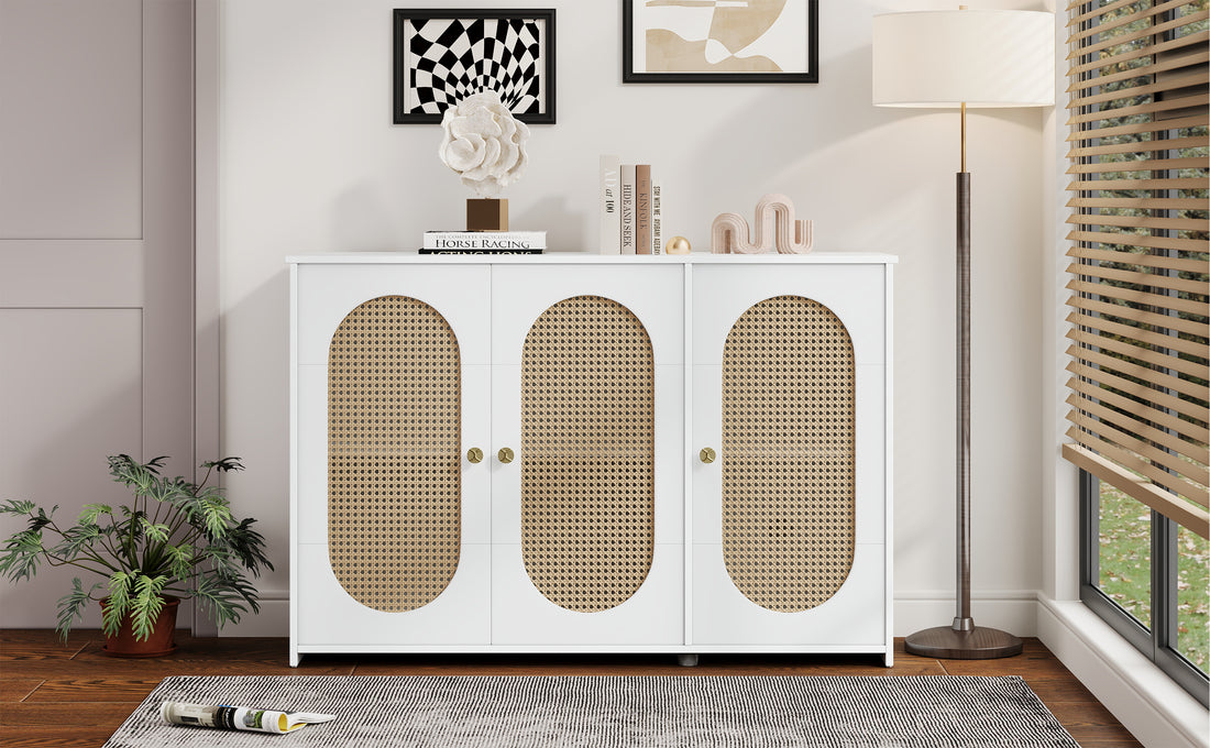 Retro 3 Door Sideboard With Large Storage Space Artificial Rattan Doors And Metal Handles, Accent Cabinet For Living Room And Hallway White White Particle Board Mdf