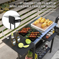 Outsunny Outdoor Bar Cart With Stainless Steel Tabletop, Kitchen Island With Wheels, 2 Tiers & Seasoning Shelf, Patio Serving Cart With Hooks, Towel & Garbage Bag Holder, Plates & Spice Jars, Black Black Steel