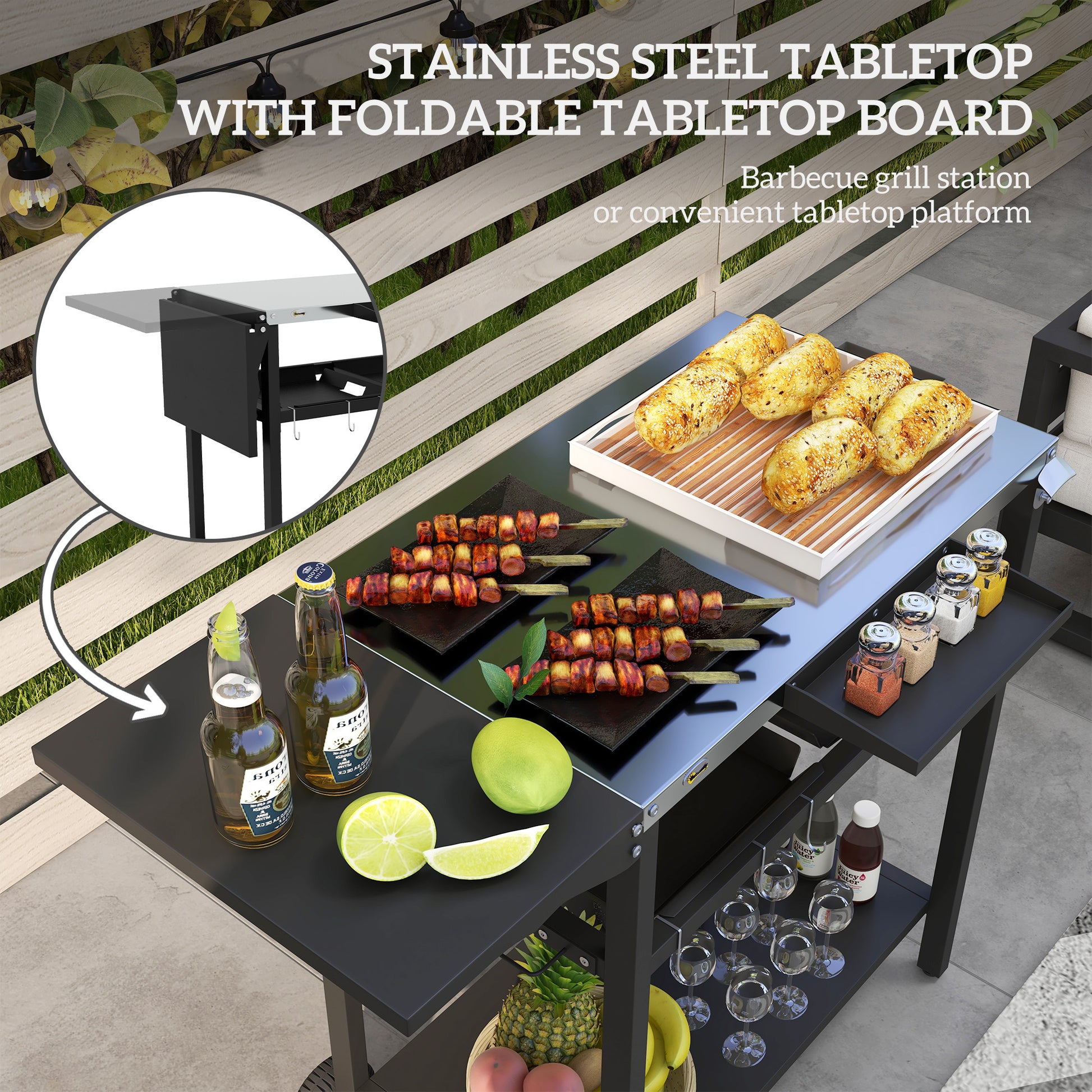 Outsunny Outdoor Bar Cart With Stainless Steel Tabletop, Kitchen Island With Wheels, 2 Tiers & Seasoning Shelf, Patio Serving Cart With Hooks, Towel & Garbage Bag Holder, Plates & Spice Jars, Black Black Steel