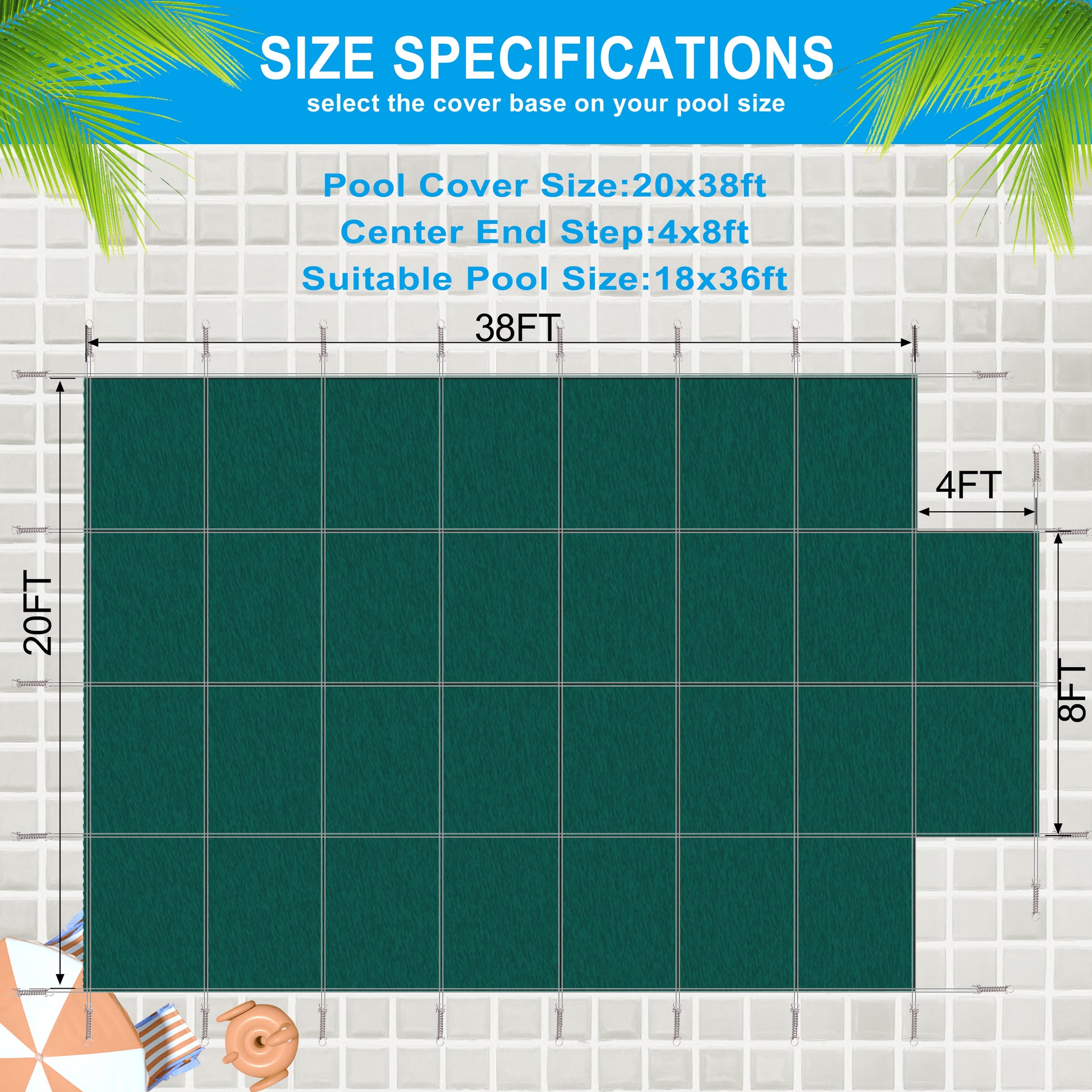 Pool Safety Cover, Fits 18X36Ft Rectangular Inground Winter Swimming Pools, With 4X8Ft Center End Step, Triple Stitched High Strength Mesh Pp, Great Rain Permeability, Installation Hardware,Green Mesh Green Polypropylene