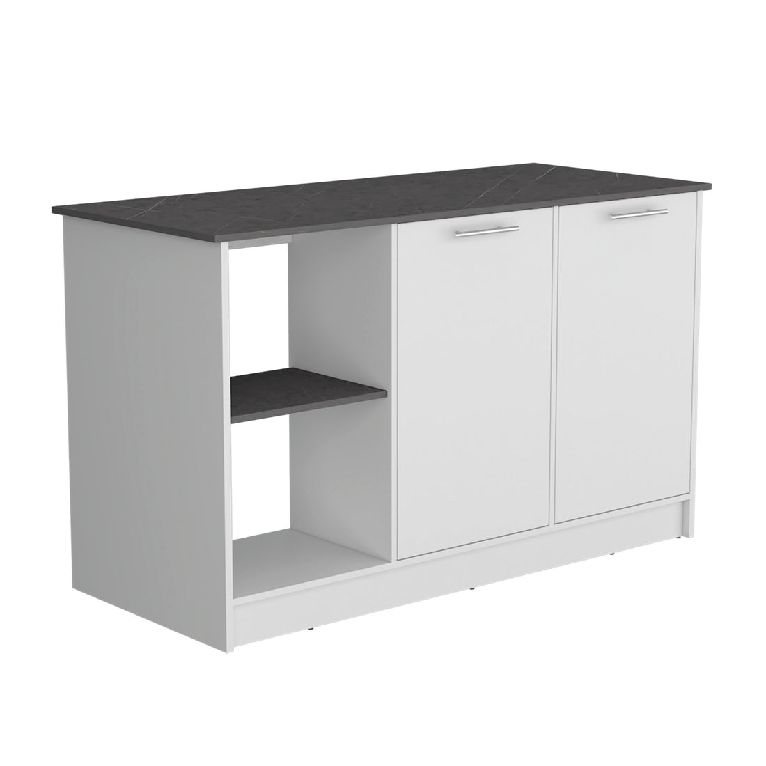 Juniper Kitchen Island With Large Top Surface, Double Door Cabinet, And Open Shelves White Onyx White Dining Room Modern Rectangular Stationary Kitchen Islands Particle Board Medium 40 55In