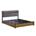 Queen Size Bed Frame, Storage Headboard With Charging Station And 4 Storage Drawers,Led Lightsbrown And And Gray Queen Black Brown Grey Mdf Metal