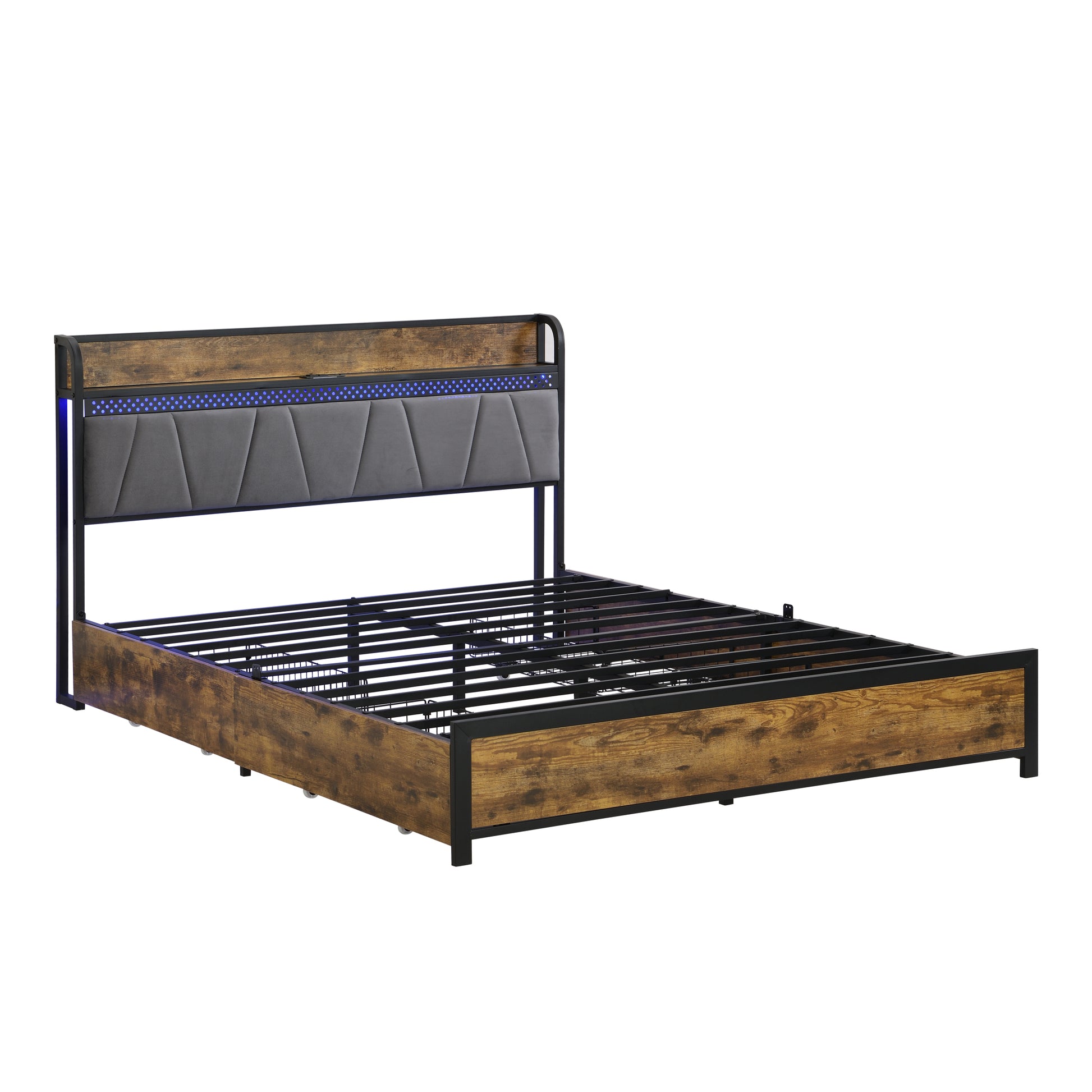 Queen Size Bed Frame, Storage Headboard With Charging Station And 4 Storage Drawers,Led Lightsbrown And And Gray Queen Black Brown Grey Mdf Metal