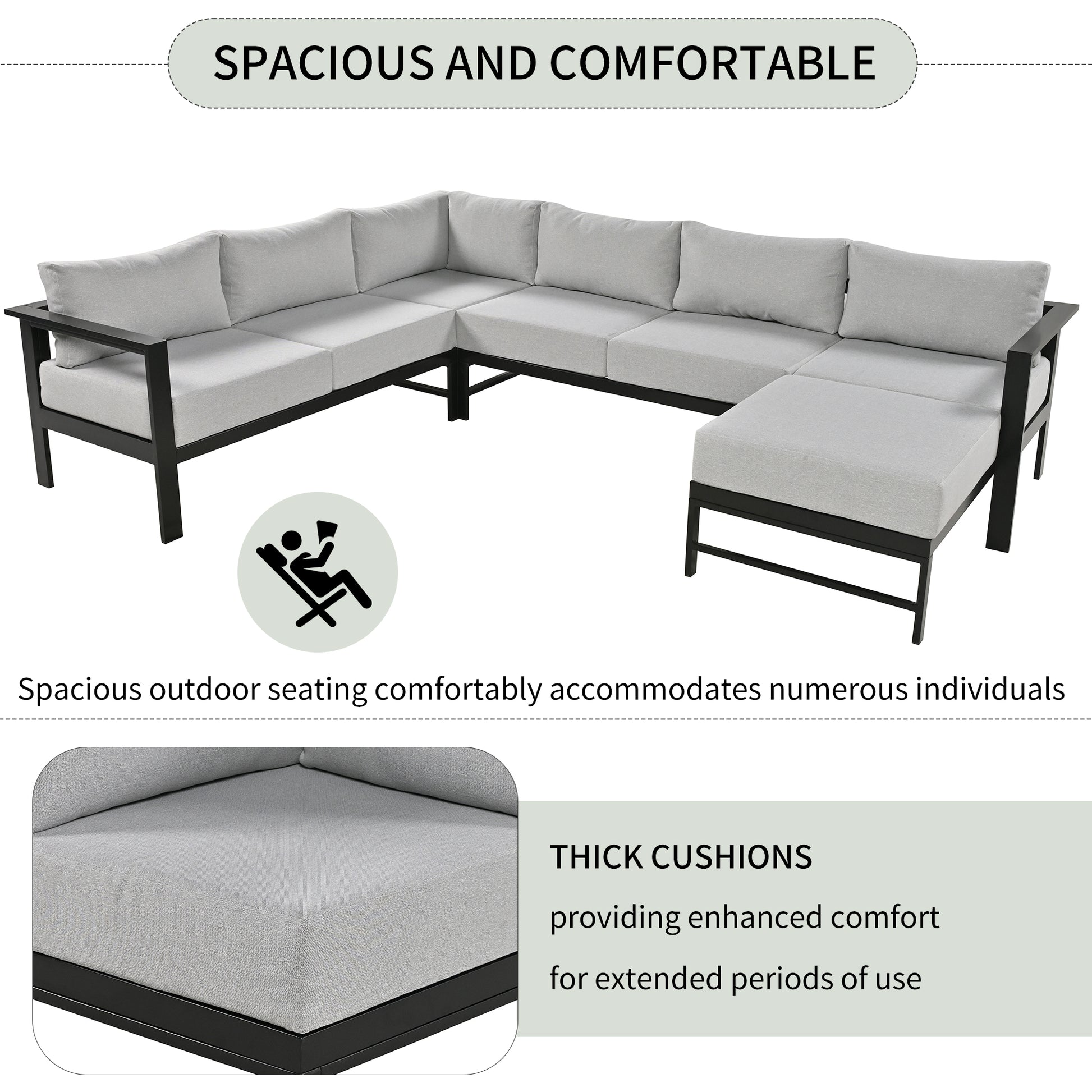 U Shaped Multi Person Outdoor Sofa Set, Suitable For Gardens, Backyards, And Balconies. Grey Seats 6 Aluminum