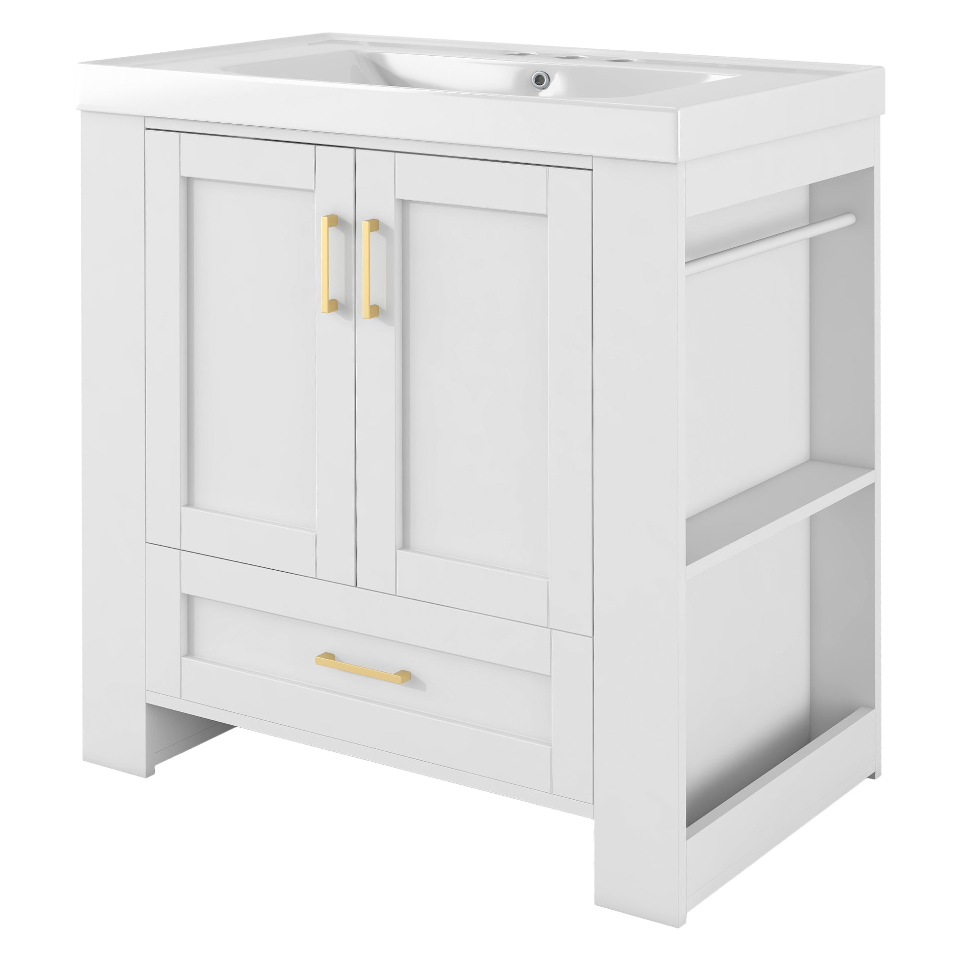 30'' Bathroom Vanity With Seperate Basin Sink, Modern Bathroom Storage Cabinet With Double Sided Storage Shelf, Freestanding Bathroom Vanity Cabinet With Single Sink 1 White Adjustable Hinges Bathroom Freestanding Solid Wood Mdf Resin Painted