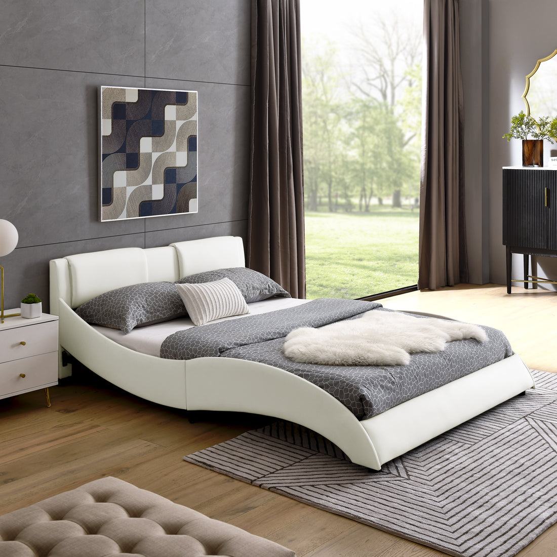 Queen Bed Frame Modern Faux Leather Upholstered Platform Bed Frame With And Headboard Wave Like Curve Low Profile Bed Frame,Wood Slats Support,Easy Assembly,White Queen White Pu