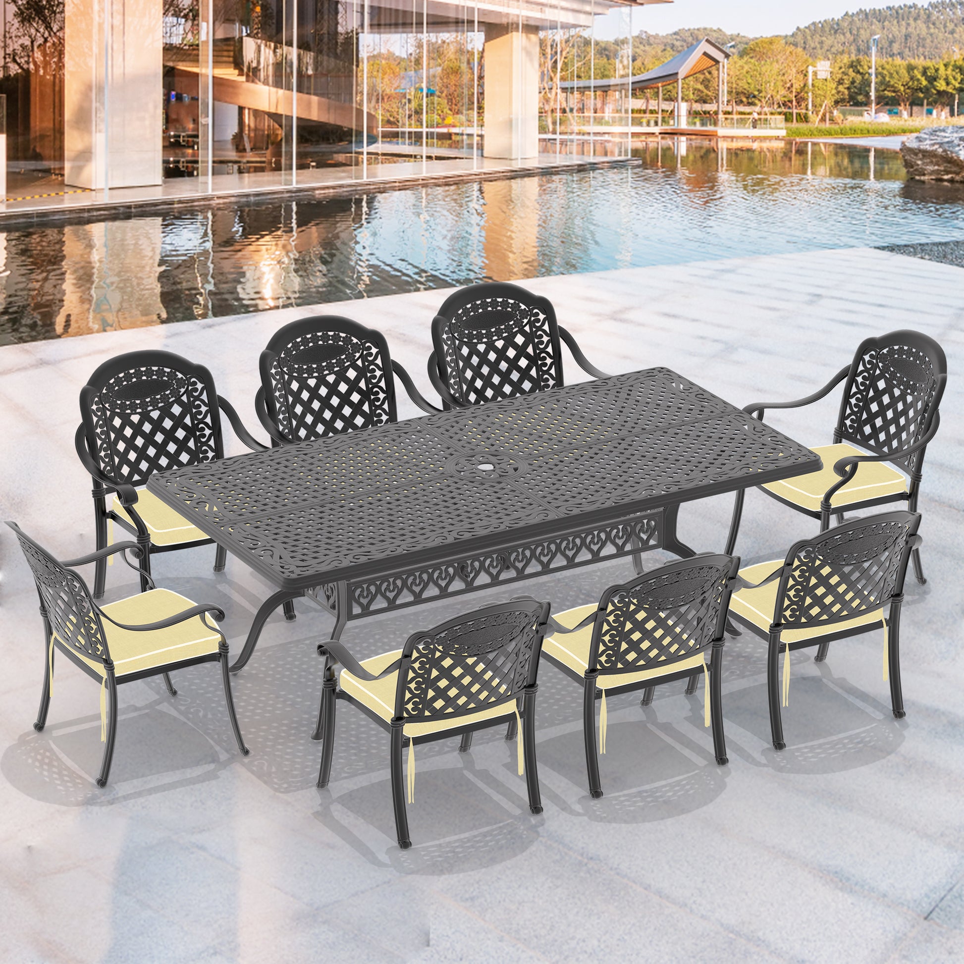 Cushions In Random Colors 9 Piece Set Of Cast Aluminum Patio Furniture With Cushions Yes Dining Set Black Seats 8 Rust Resistant Frame Water Resistant Cushion Garden & Outdoor Complete Patio Sets Aluminium