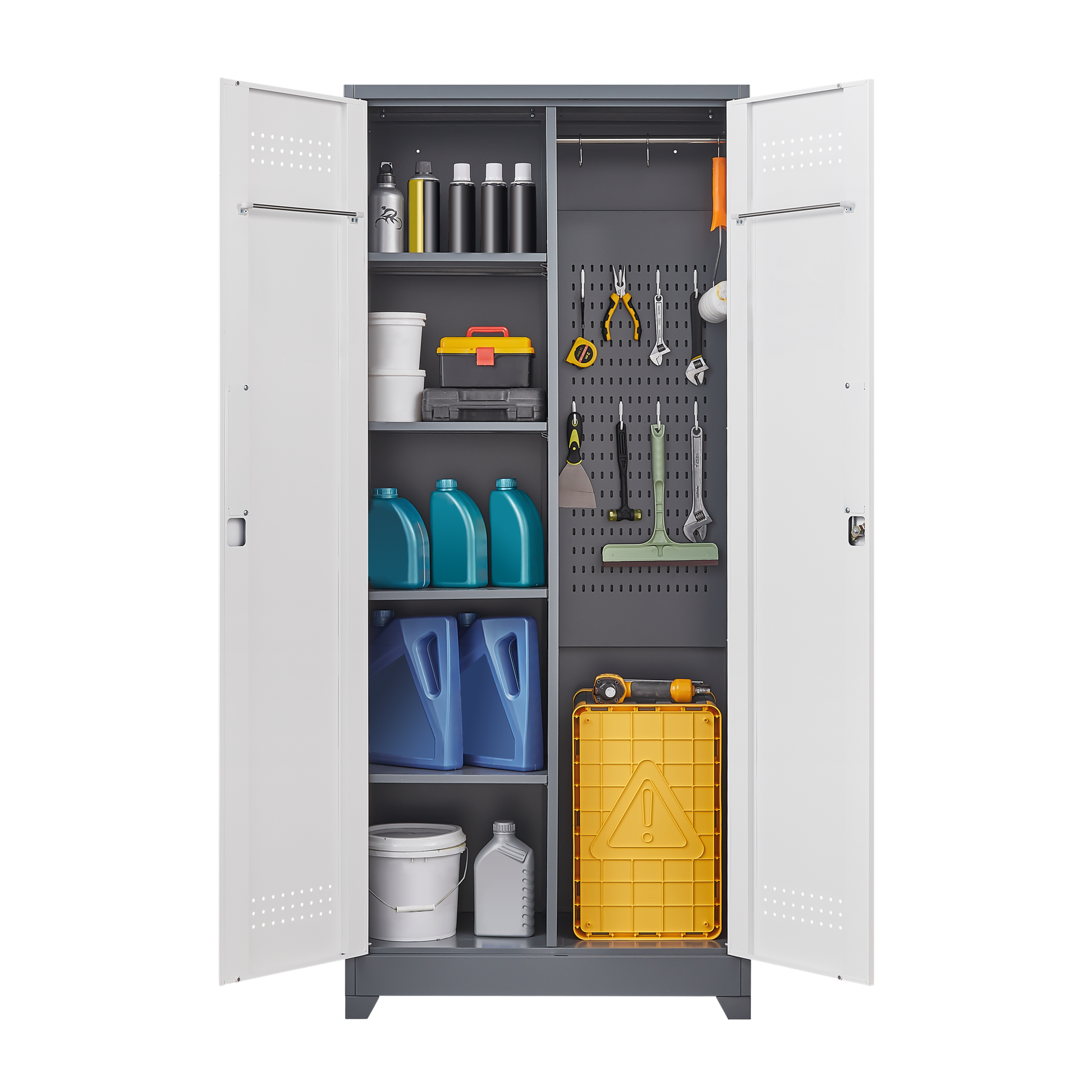 Metal Storage Cabinets, Cleaning Tool Cabinet With Locking Door, Tall Broom Tool Organizer And Storage, Large Storage Cabinet For Kitchen, Pantry, Office, Shop 3 4 Shelves Grey White Door Locks Modern Metal