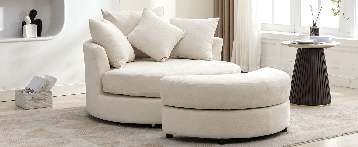 Orisfur. 360 Swivel Accent Barrel Chair With Storage Ottoman & 4 Pillows, Modern Chenille Leisure Chair Round Accent For Living Room, Cream Cream Foam Chenille