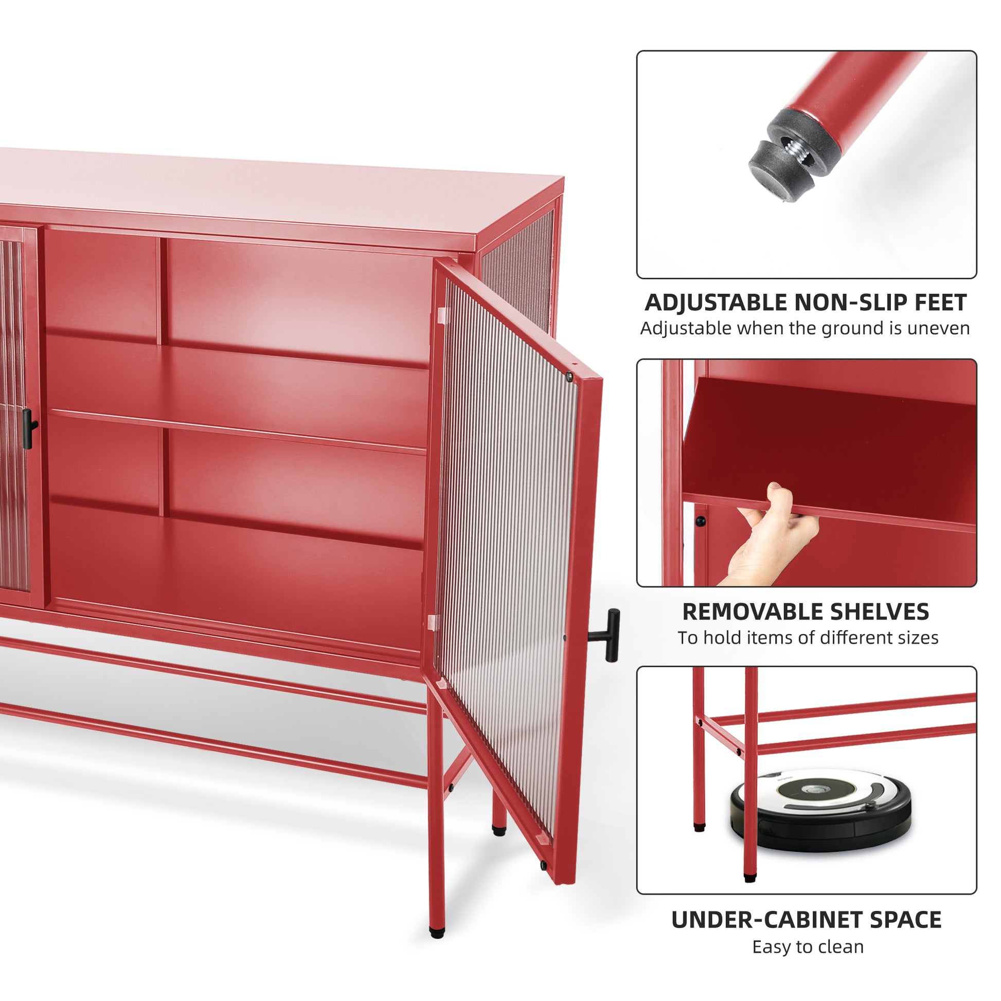 Red Sideboard Storage Cabinet With Two Fluted Glass Doors Detachable Shelves Bottom Space For Living Room, Office, Dinging Room And Entryway Old Sku:W68751711 Red Steel