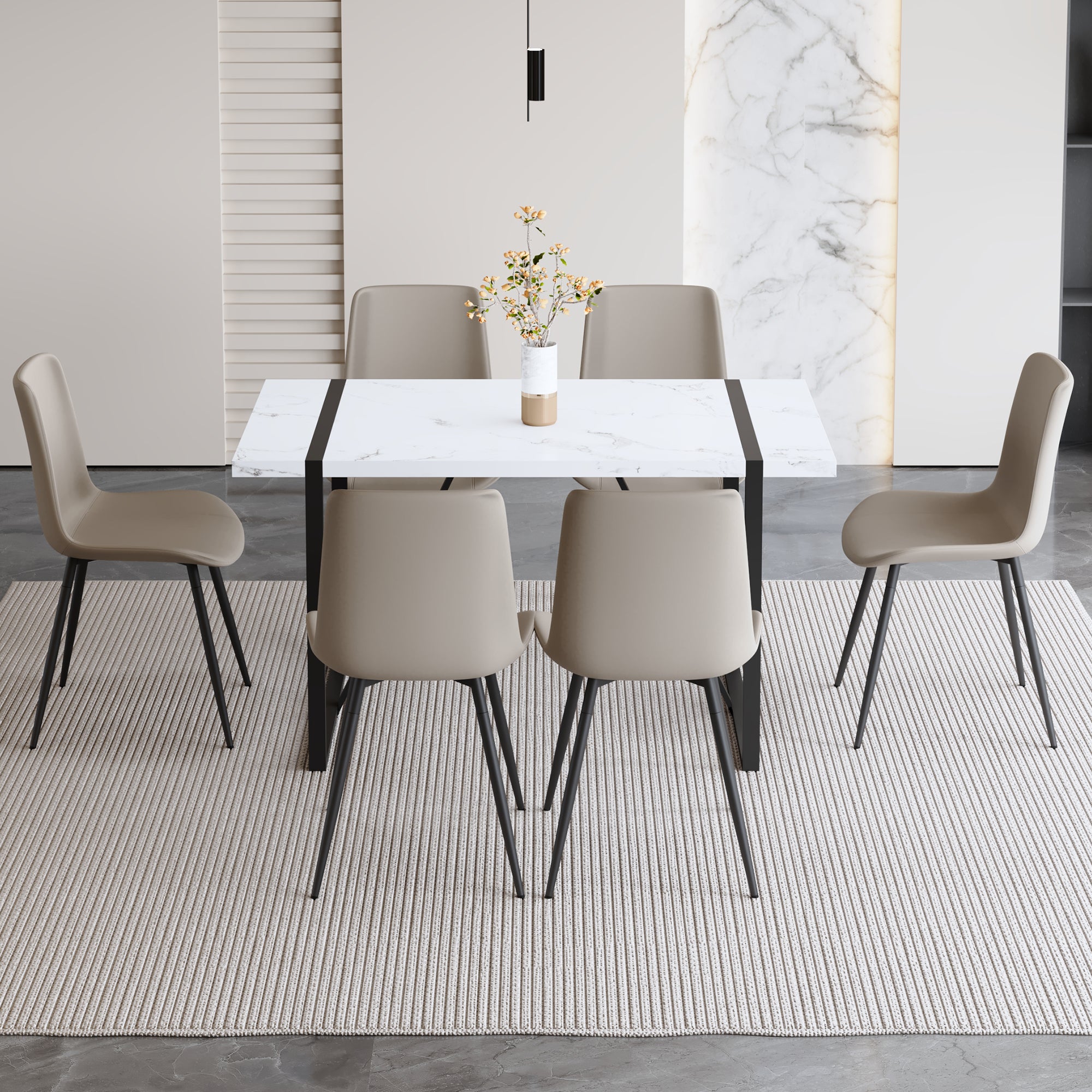 Table And Chair Set.A Modern Minimalist White Marble Veined Mdf Dining Table With Metal Frame.Paried With 6 Chairs With Pu Cushions And Black Metal Legs. Light Gray,White Seats 6 Mdf Metal