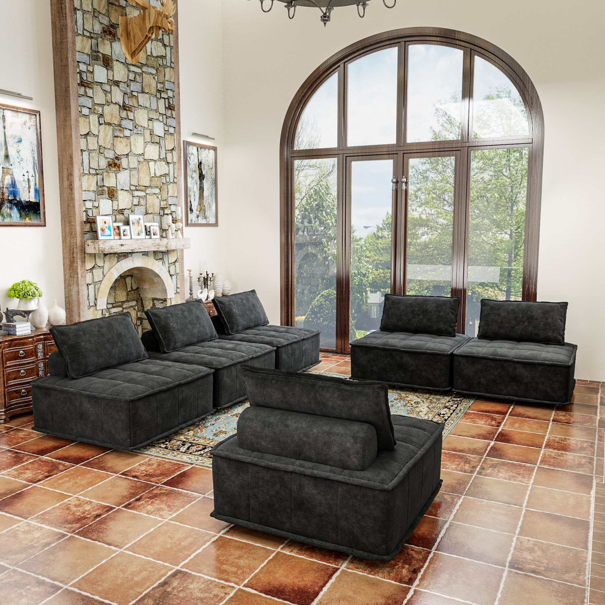 6 Piece Modular Sectional Couch, Oversized Sofa With Flexible Configuration, Ideal For Spacious Living Rooms, Entertainment Zones, And Open Spaces Black Color Black Chenille 6 Seat