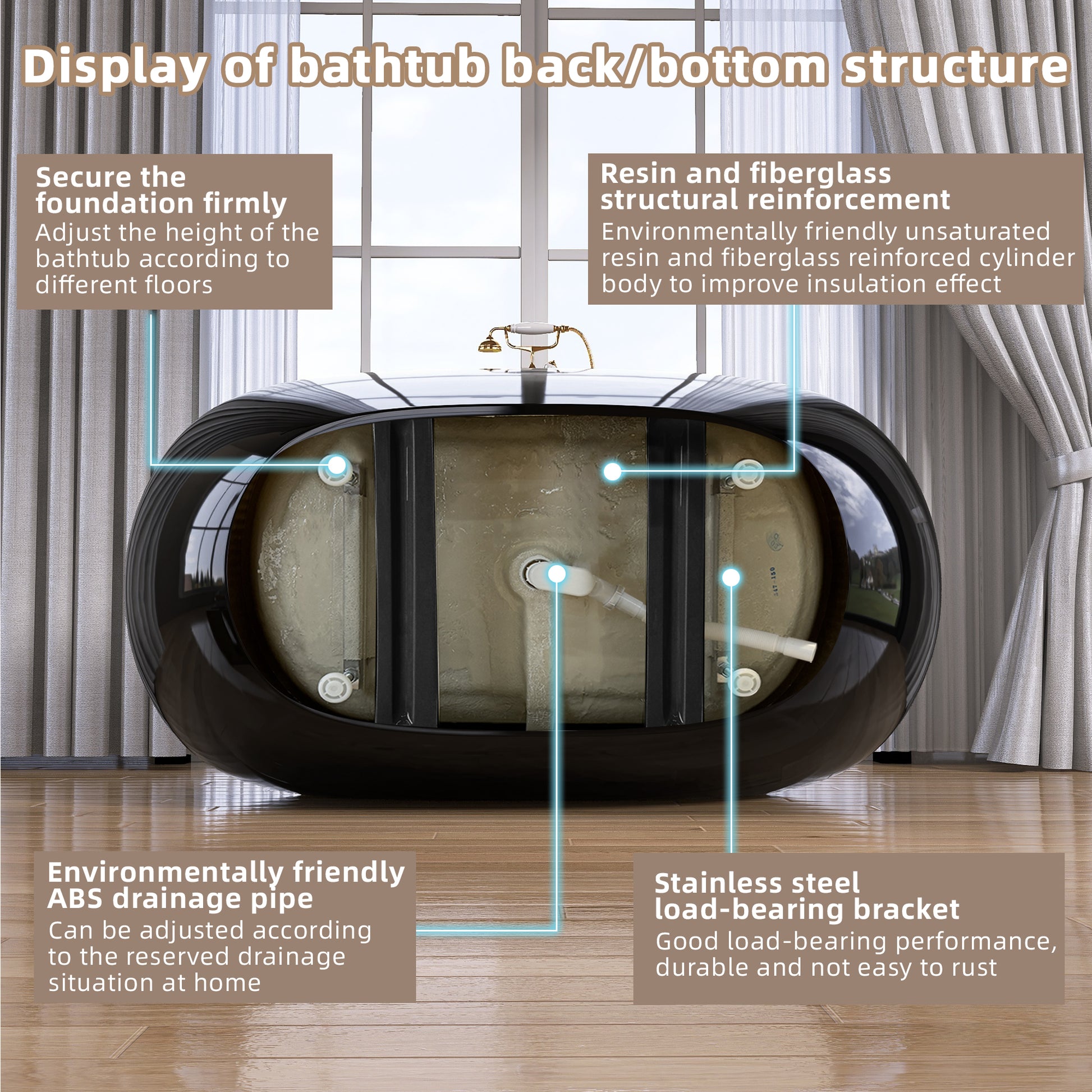 55 Inch Acrylic Freestanding Bathtub Modern Stand Alone Soaking Bathtub With Overflow And Pop Up Drain Gloss Black Black White Oval Bathroom Freestanding Tubs Polished Less Than 59 In Contemporary,Modern Soaking Center Fiberglass Acrylic