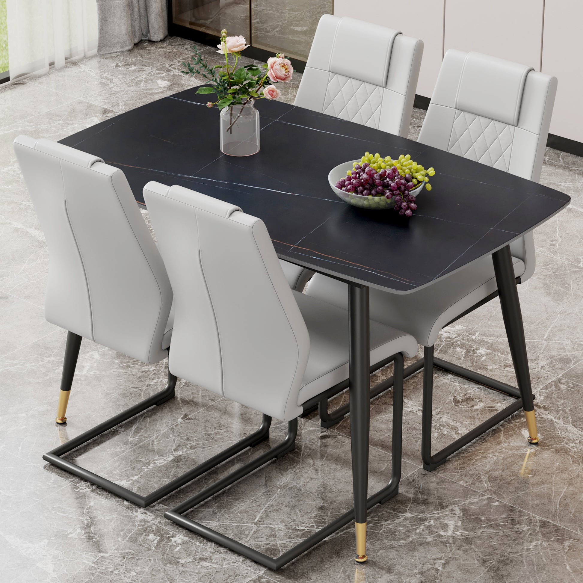 Table And Chair Set. Large Modern Rectangular Table With Black Textured Top And Black Metal Legs. Soft And Comfortable Pu Seats, Faux Leather Upholstered Seats And Sturdy Metal Legs. Grey Black Seats 4 Sintered Stone