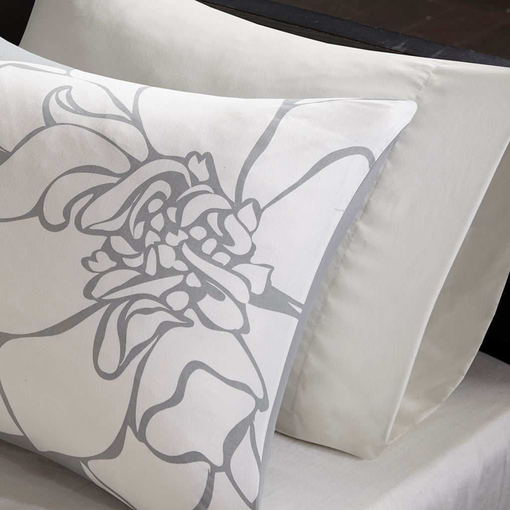 Printed Cotton Sateen Comforter Set Grey Peach Queen Queen Grey Peach Polyester