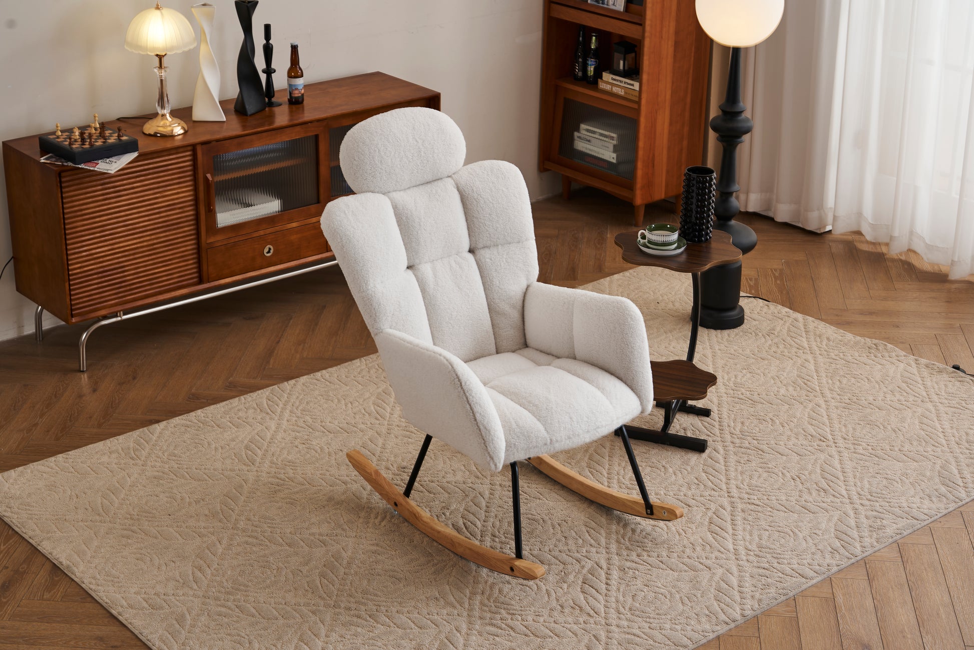 055 Teddy Fabric Upholstered Nursery Rocking Glider Chair Mid Century Modern Accent Arm Chair Padded Seat With High Backrest And Pillows For Living Room Bedroom Offices Ivory Teddy Headrest Solid