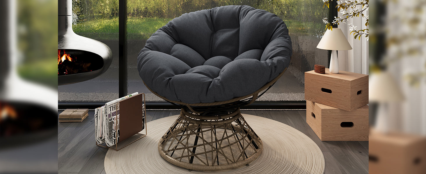 40" Ergonomic Wicker Chair With Cloud Thick Density Fabric Cushion,3 Proof Cover,High Capacity Iron Frame,Fluid 360 Degree Swivel For Reading,Living Room, Bedroom,Lounge,Brown Base,2 Colors