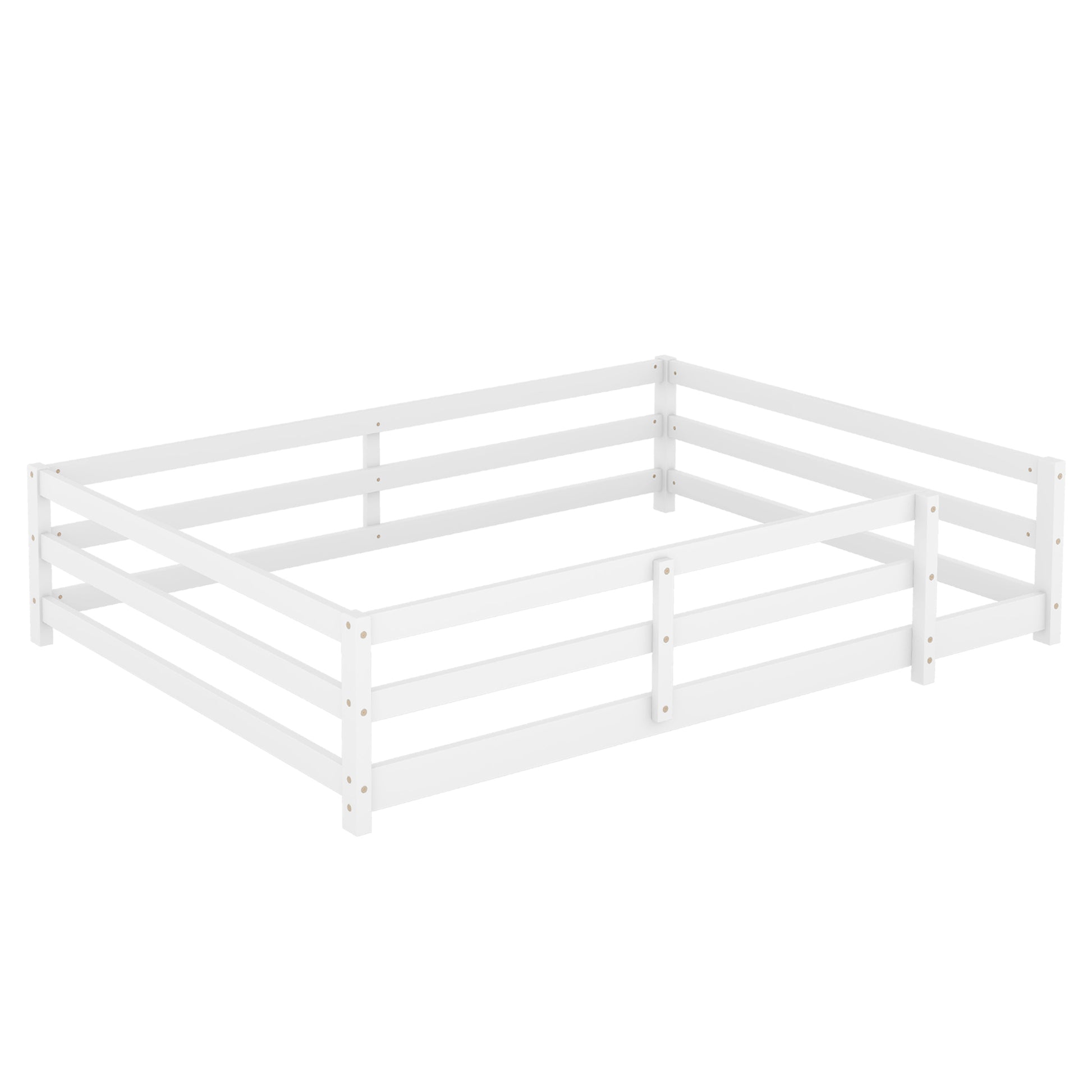 Full Size Floor Bed, Montessori Floor Bed With Fence, Kids Montessori Bed Full Size, Wood Montessori Floor Bed For Kids, Girls, Boys White White Wood Metal