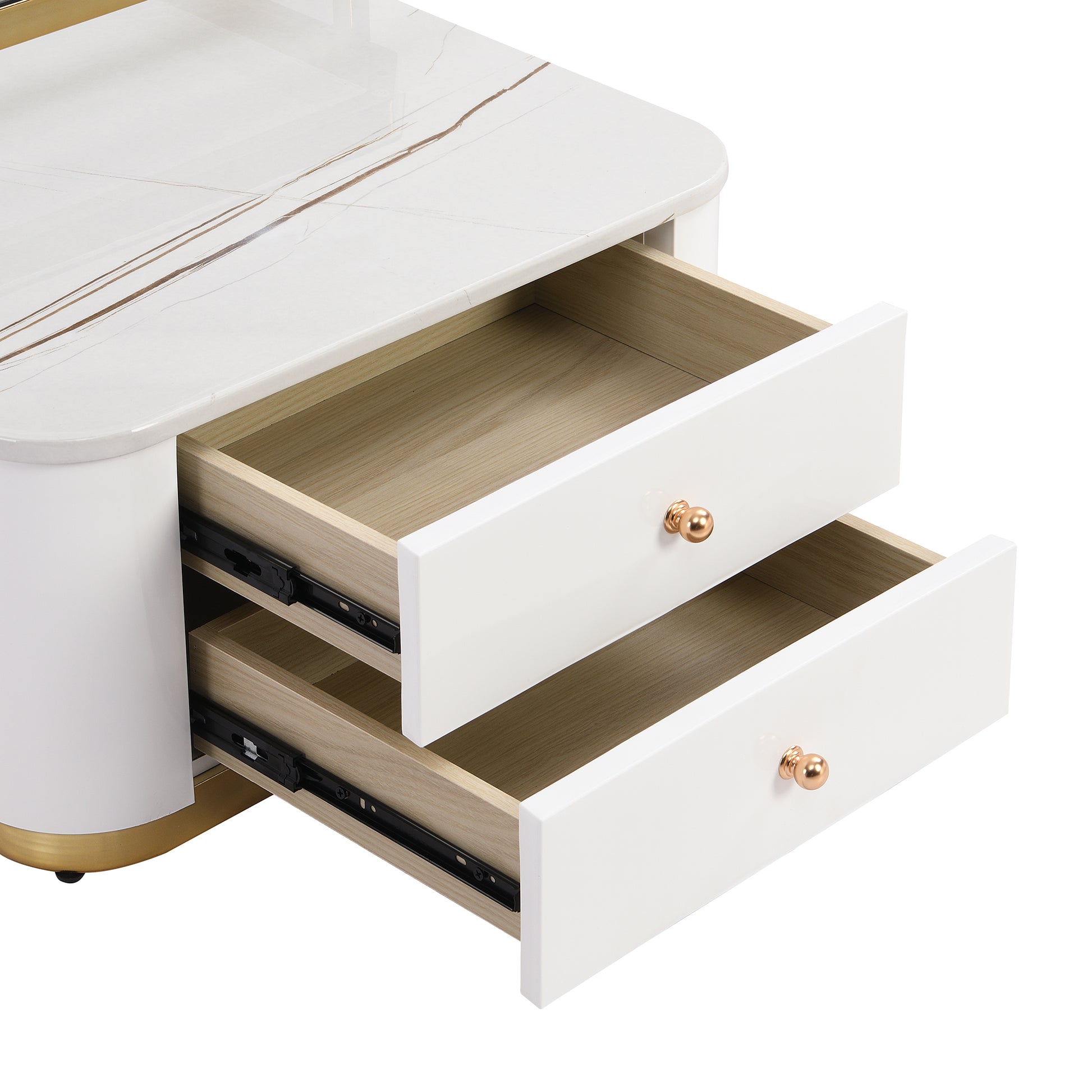 Modern 2 Pieces White Square Nesting Coffee Table With Drawers & Electroplated Gold Legs In 27.6'' Golden White Square Drawers Coffee & End Tables Glossy Square Mdf Glass Mdf Pedestal