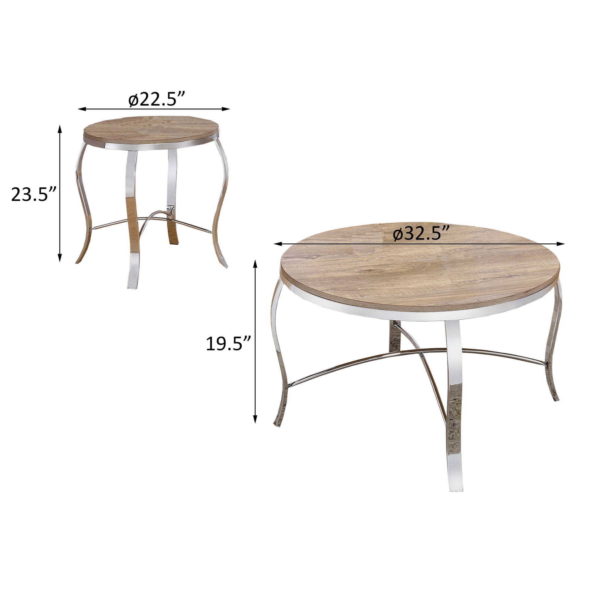 Weathered Light Oak And Chrome 3 Piece Occasional Set Oak Silver Primary Living Space Contemporary,Traditional Round Coffee & End Tables Round Wood Metal