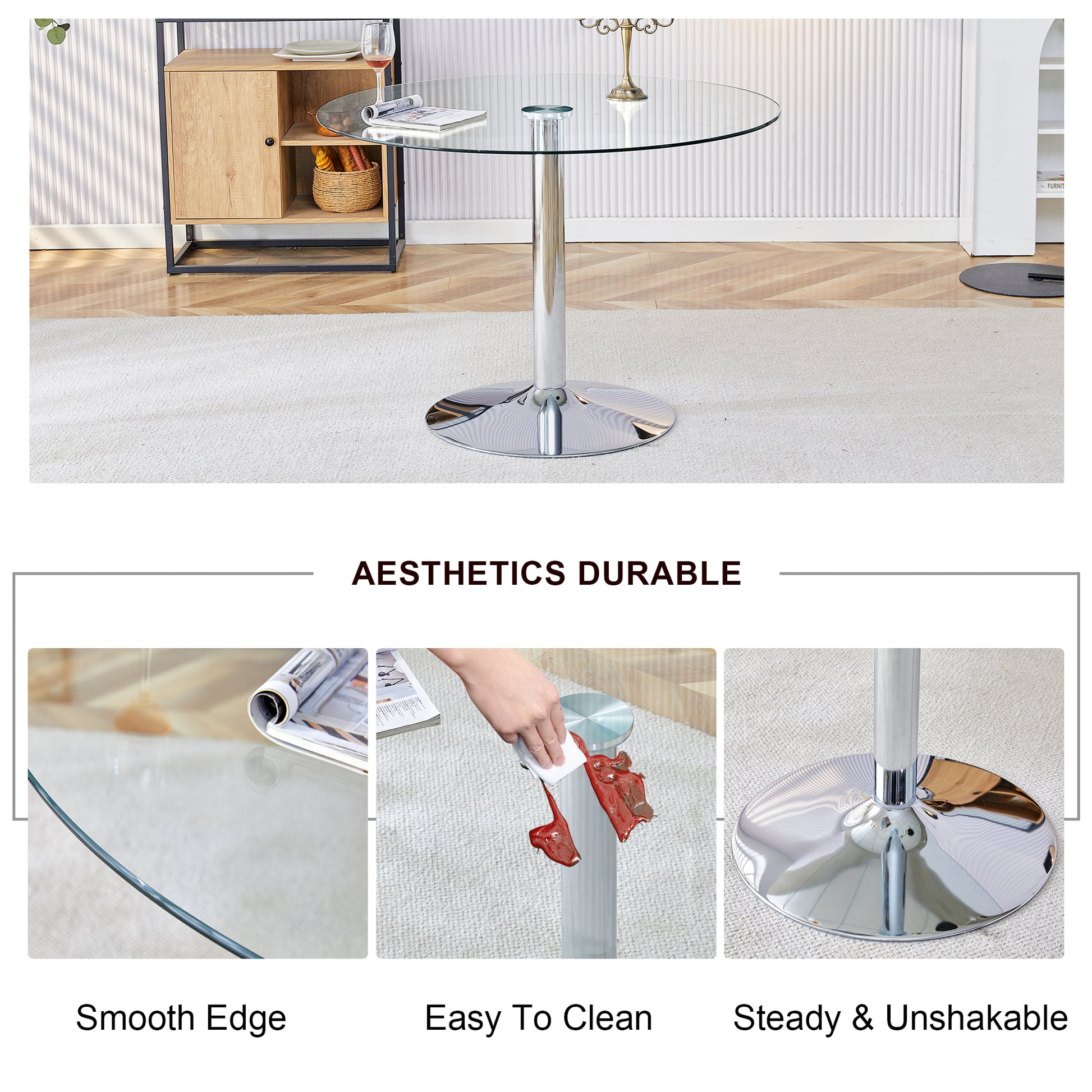 A Glass Tabletop With A Diameter Of 39.7 Inches And A Modern Minimalist Circular Dining Table With Electroplated Silver Metal Legs. Suitable For Restaurants, Living Rooms, And Conference Rooms.Dt