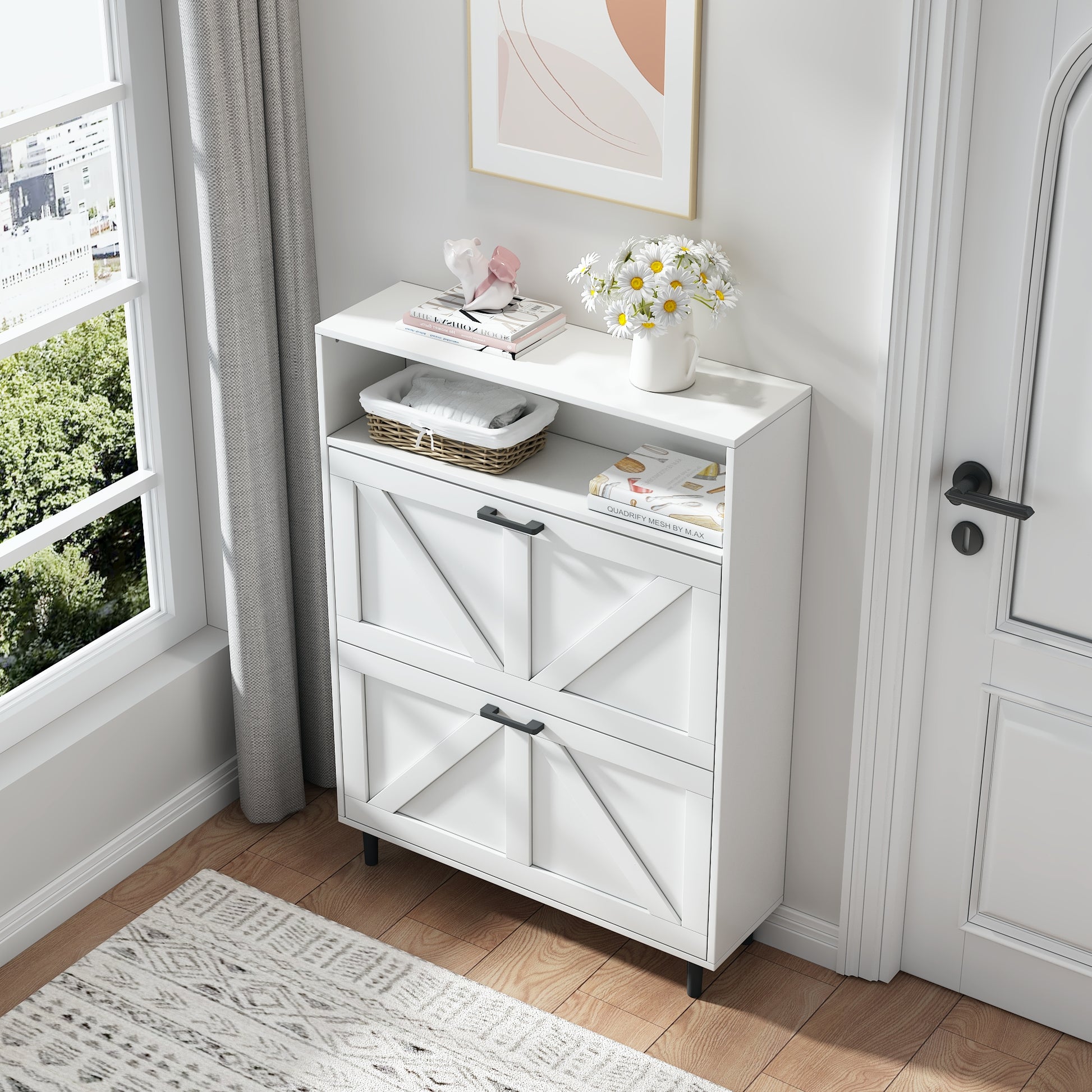 Farmhouse Shoe Storage Cabinet With Barn Door Design, Shoe Organizer With 2 Flip Drawers, Freestanding Narrow Shoe Rack Cabinet With Open Storage For Entryway,Foyer,Hallway, Antique White Freestanding 1 2 Drawers Barn Door Antique White Primary Living