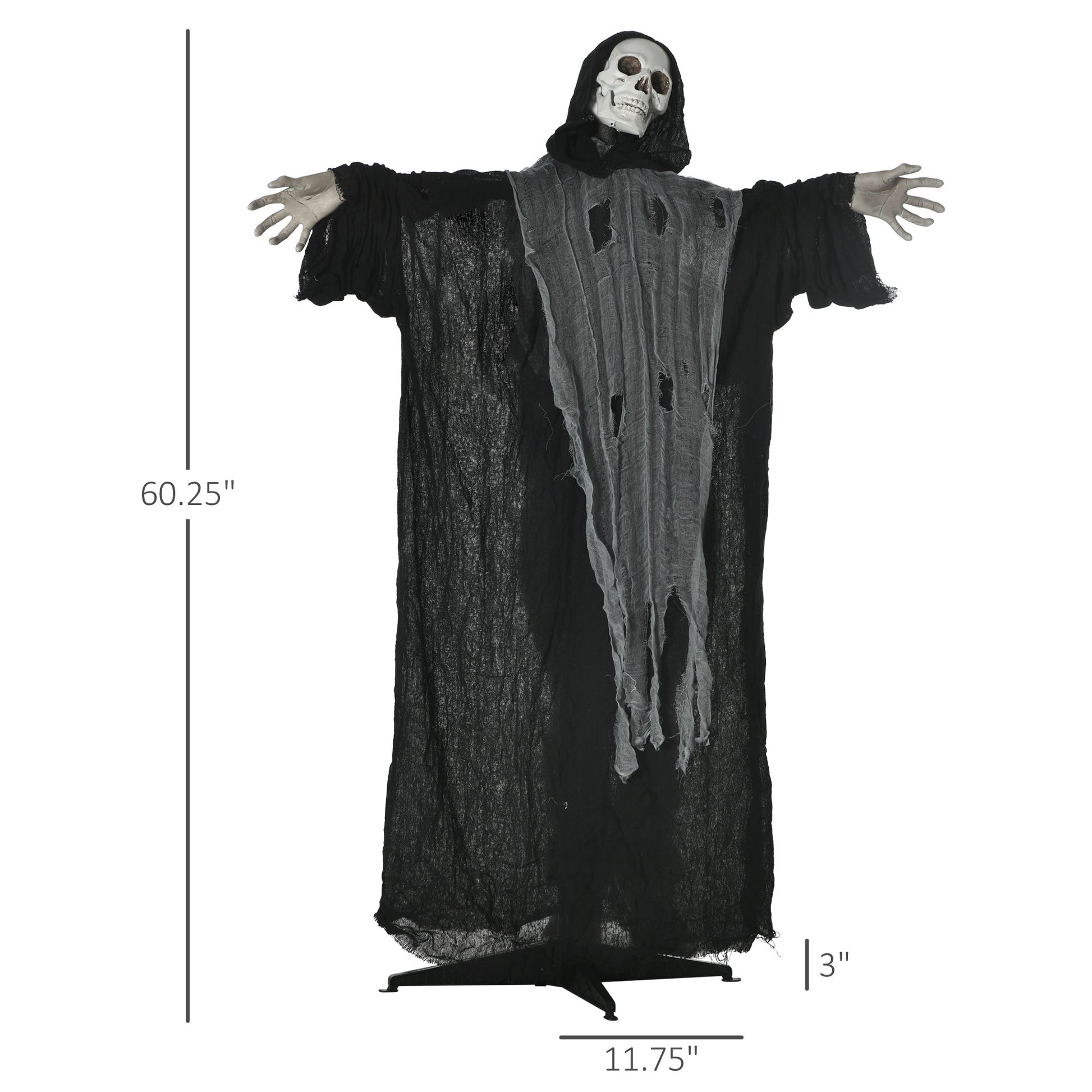 Outsunny 60" Life Size Outdoor Halloween Decorations Animated Grim Reaper With Sound And Motion Activated, Light Up Eyes And Rib Cage, Spooky Scream, Thunder And Lightning Sounds Black Fabric