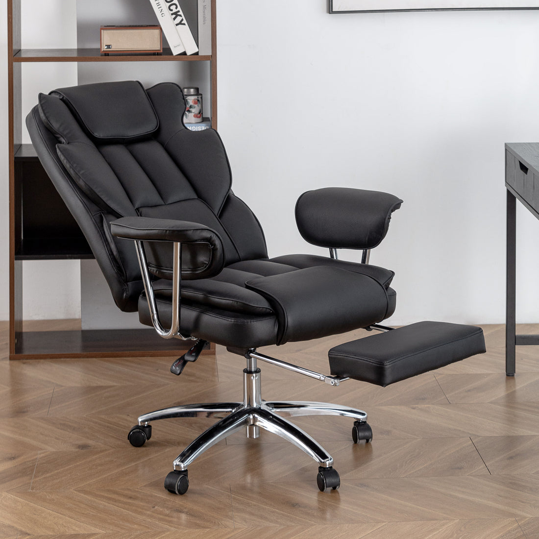 Office Chair, Big And Tall Executive Office Chair With Footrest, Leather Computer Chair, Ergonomic Reclining Chair High Back With Lumbar Support, Large Home Office Chair Black Black Pu Leather