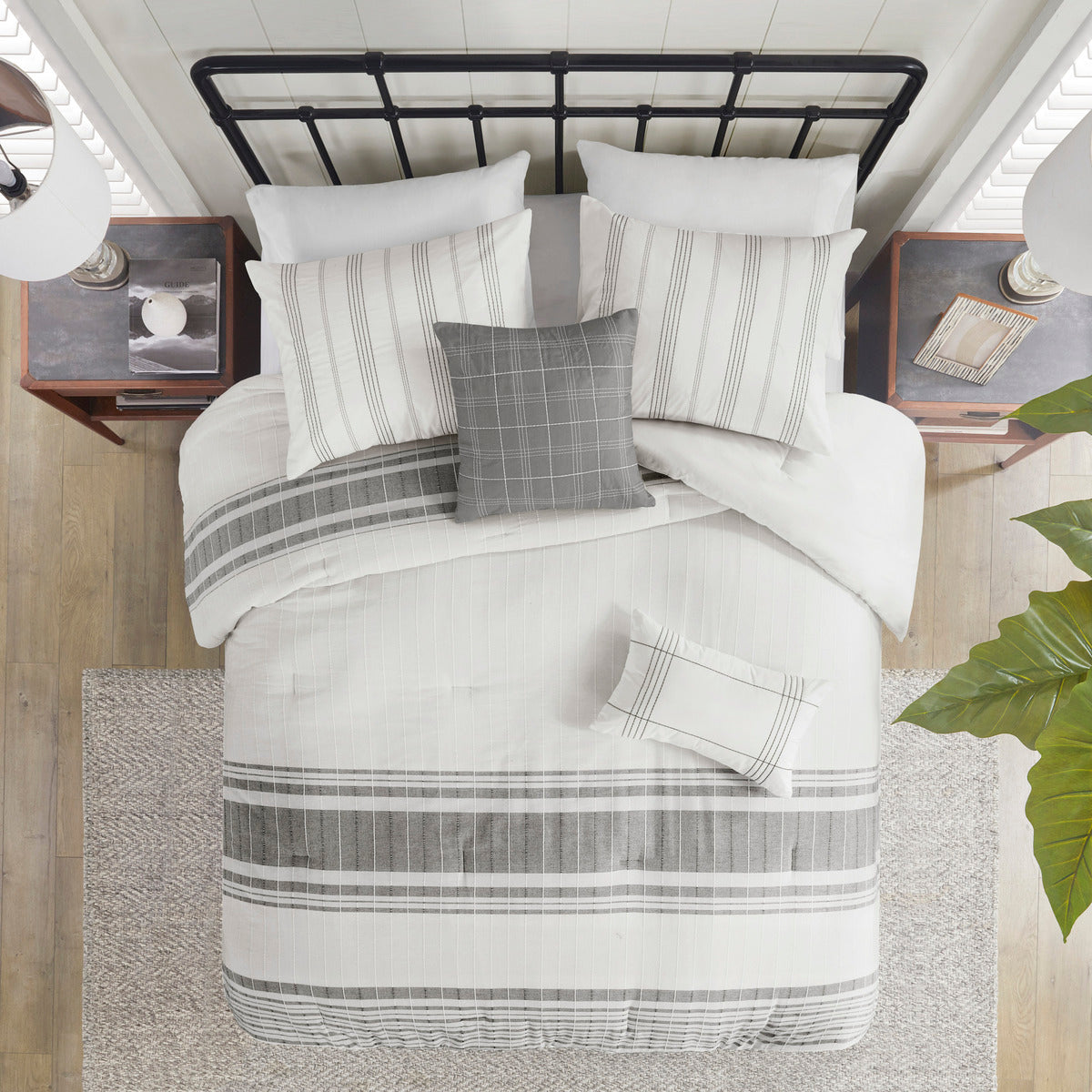 6 Piece Cotton Jacquard Oversized Comforter Set White Grey Queen Queen Grey White Cotton