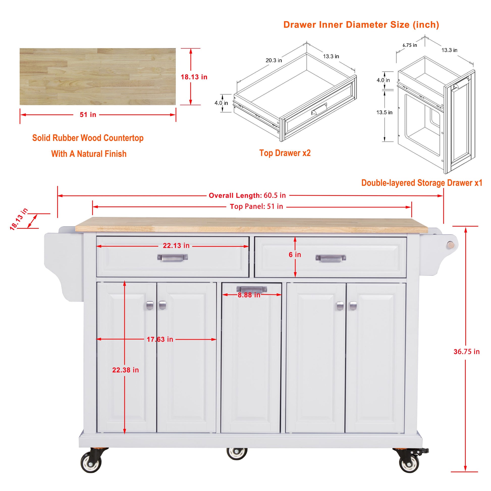 Kitchen Island With Rubber Wood Countertop, Kitchen Cart On 5 Wheels With Storage Cabinet And 2 Top Drawers And A Center Double Layered Storage Drawer For Dinning Room, White White Dining Room Rectangular Rubberwood Solid Wood Mdf Large 56 In