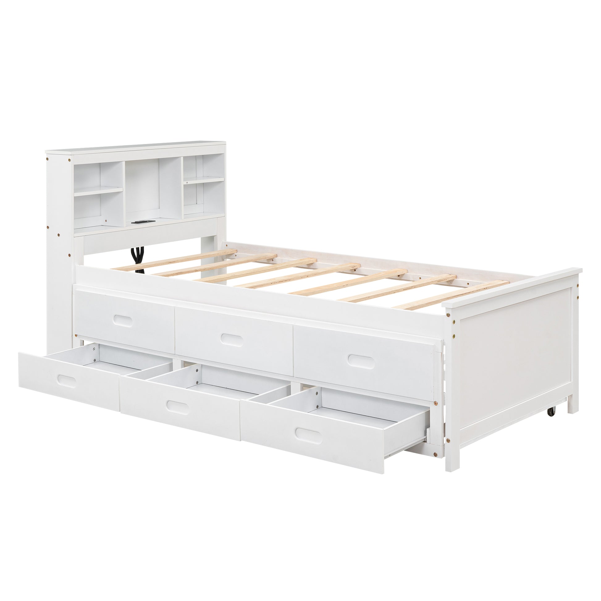 Twin Size Platform Bed With Storage Headboard, Usb, Twin Size Trundle And 3 Drawers, White Box Spring Not Required Twin White Wood Bedroom Bed Frame Solid Wood Mdf