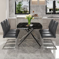 Table And Chair Set.Table And Chair Set.Modern Luxurious Black Marble Patterned Tempered Glass Dining Table With 6 Dark Gray Pu Chairs.Multiple High Quality Pu Dining Chairs With Silver Legs. Dark