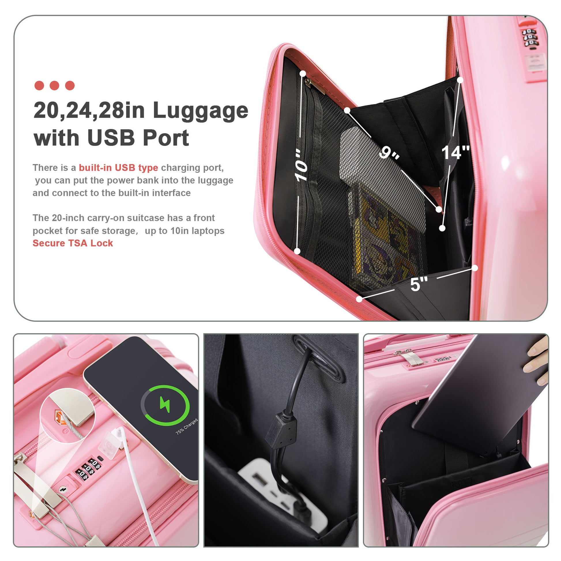 Luggage Set Of 3, 20, 24, 28Inch With Usb Port, 20, 24Inch With Front Opening Design Airline Certified Carry On Luggage With Cup Holder, Abs Pc Hard Shell Luggage With Spinner Wheels, Pink Pink Abs
