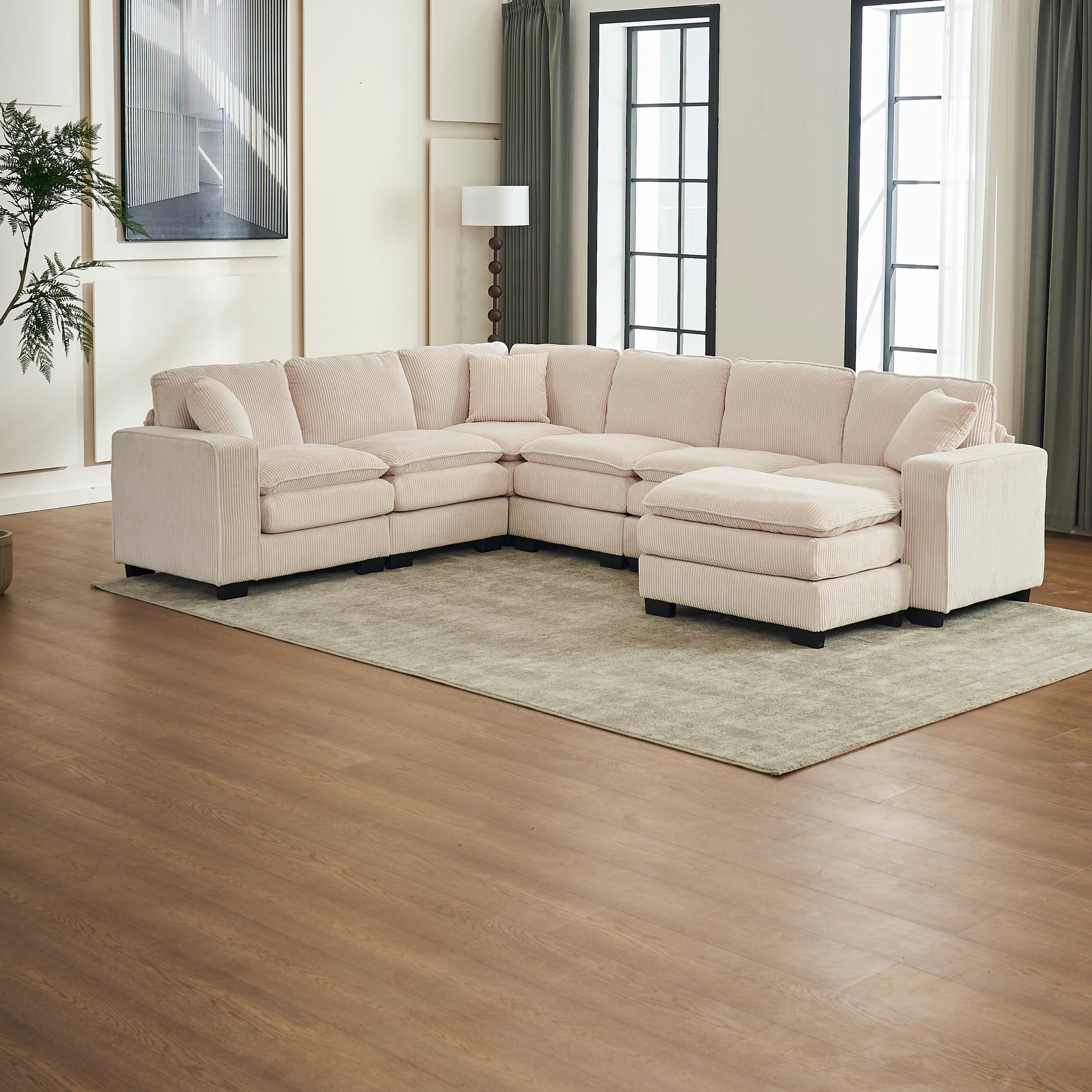 Modern U Shaped 6 Seat Sectional Sofa Couch With One Ottoman And Three Toss Pillows ,Modular Sofa For Living Room,Corduroy Sofa White Corduroy 7 Seat