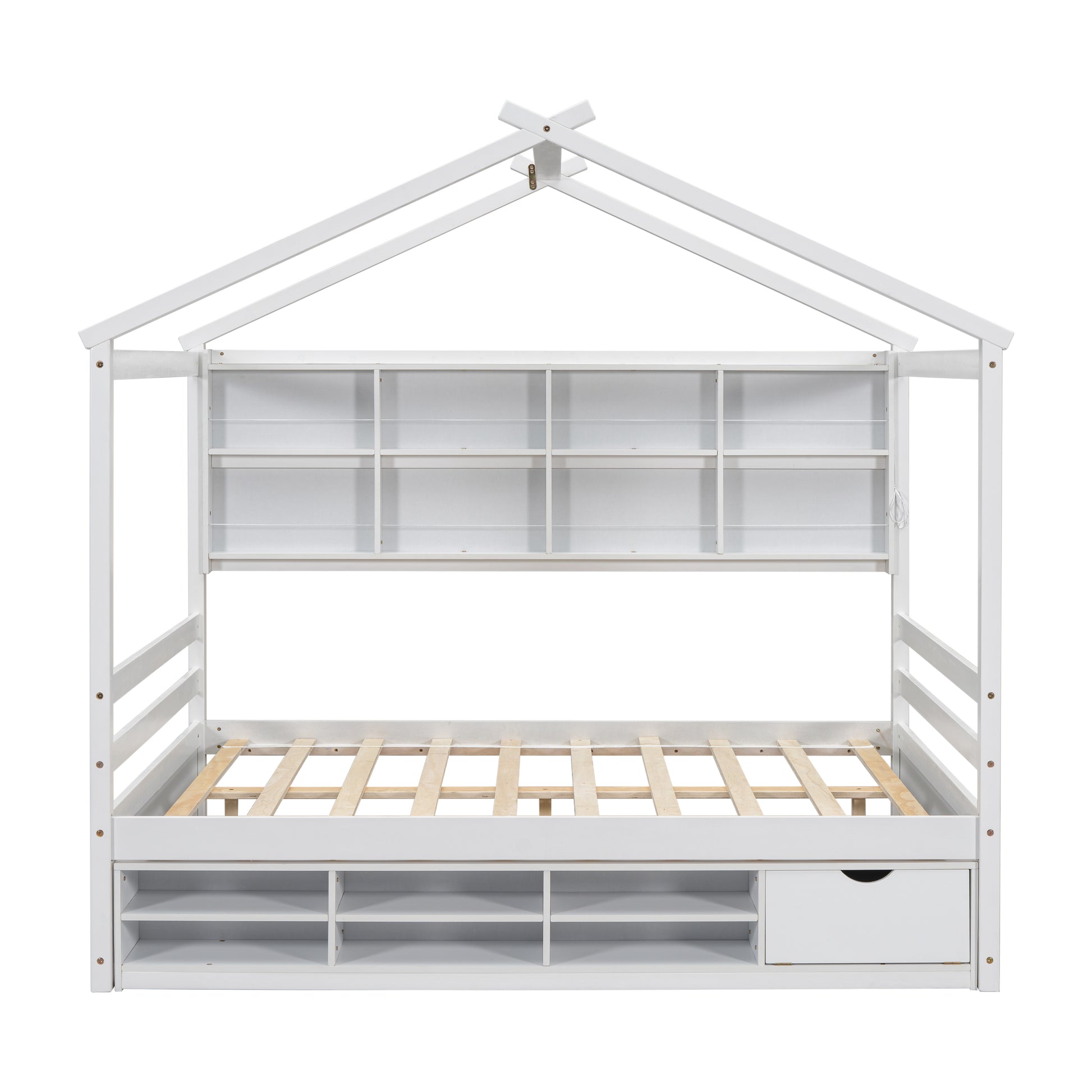 Full House Bed With Roof Frame, Bedside Shelves, Under Bed Storage Unit,White Full White American Design Pine