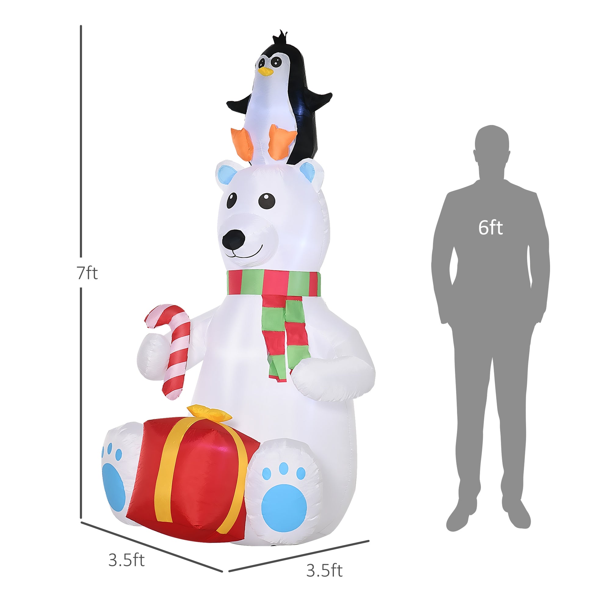 Outsunny 7Ft Christmas Inflatables Outdoor Decorations Polar Bear With Penguin On Head With Candy Cane And Gift Box, Blow Up Led Yard Christmas Decor For Lawn Garden Party White Polyester