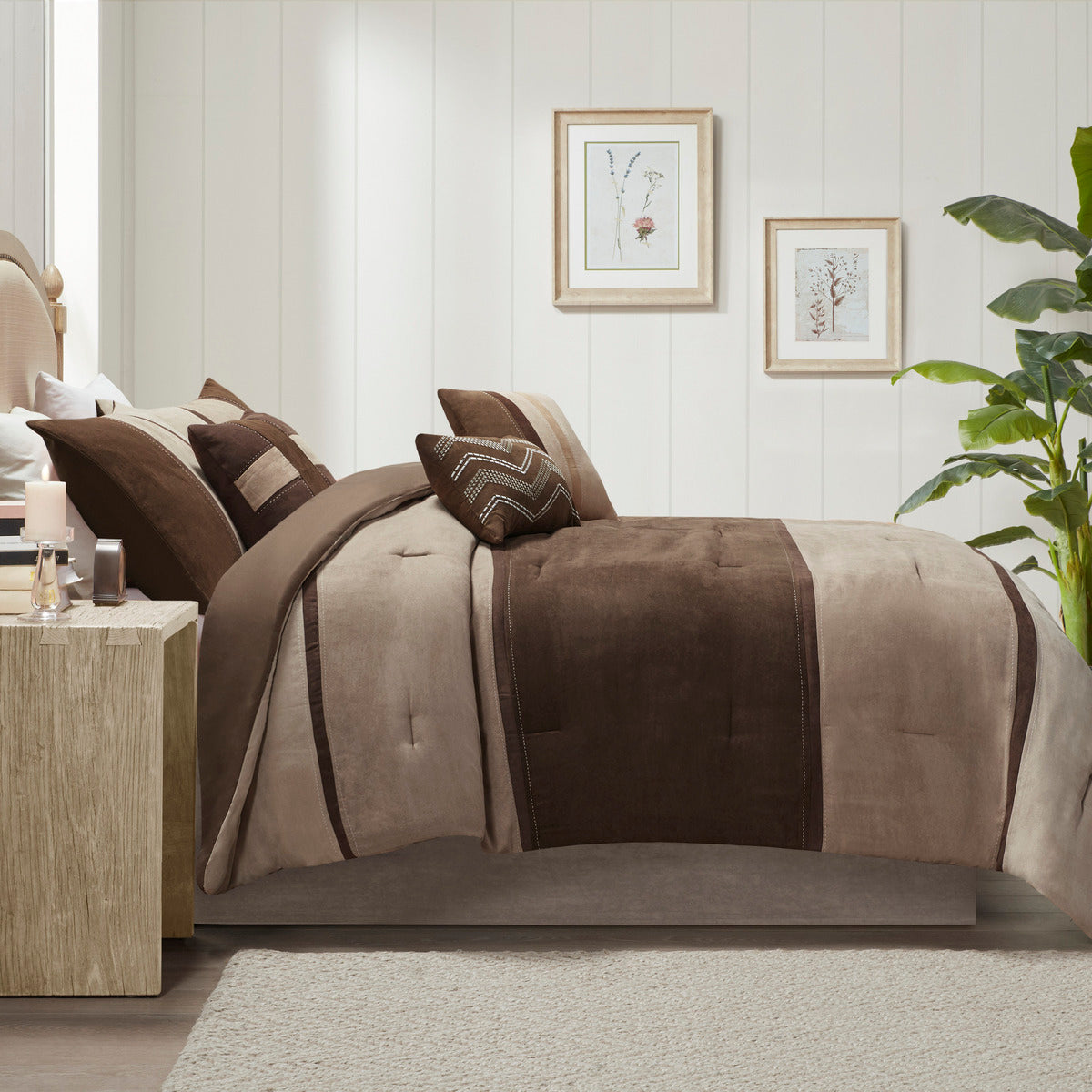 7 Piece Faux Suede Comforter Set Brown King King Brown Polyester
