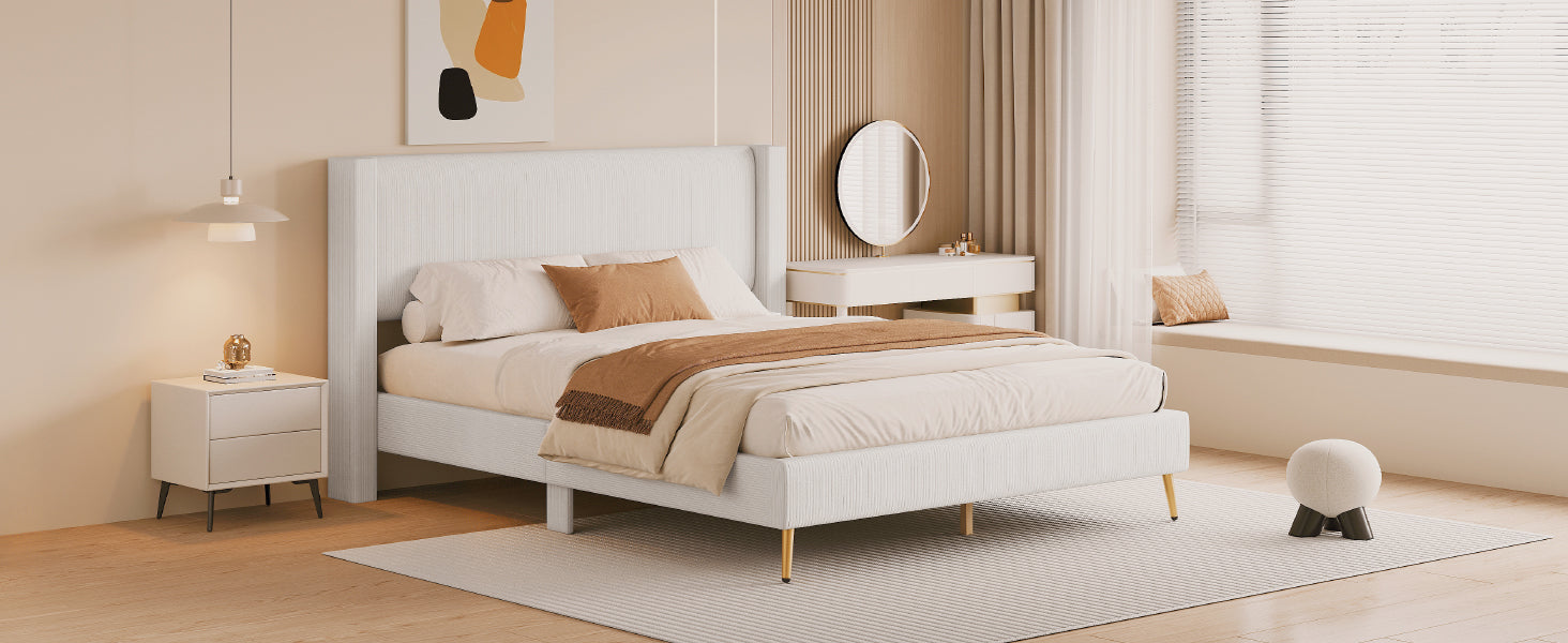 Queen Size Corduroy Platform Bed With Metal Legs, Beige Old Sku:Wf300238Aaa Queen Beige Corduroy