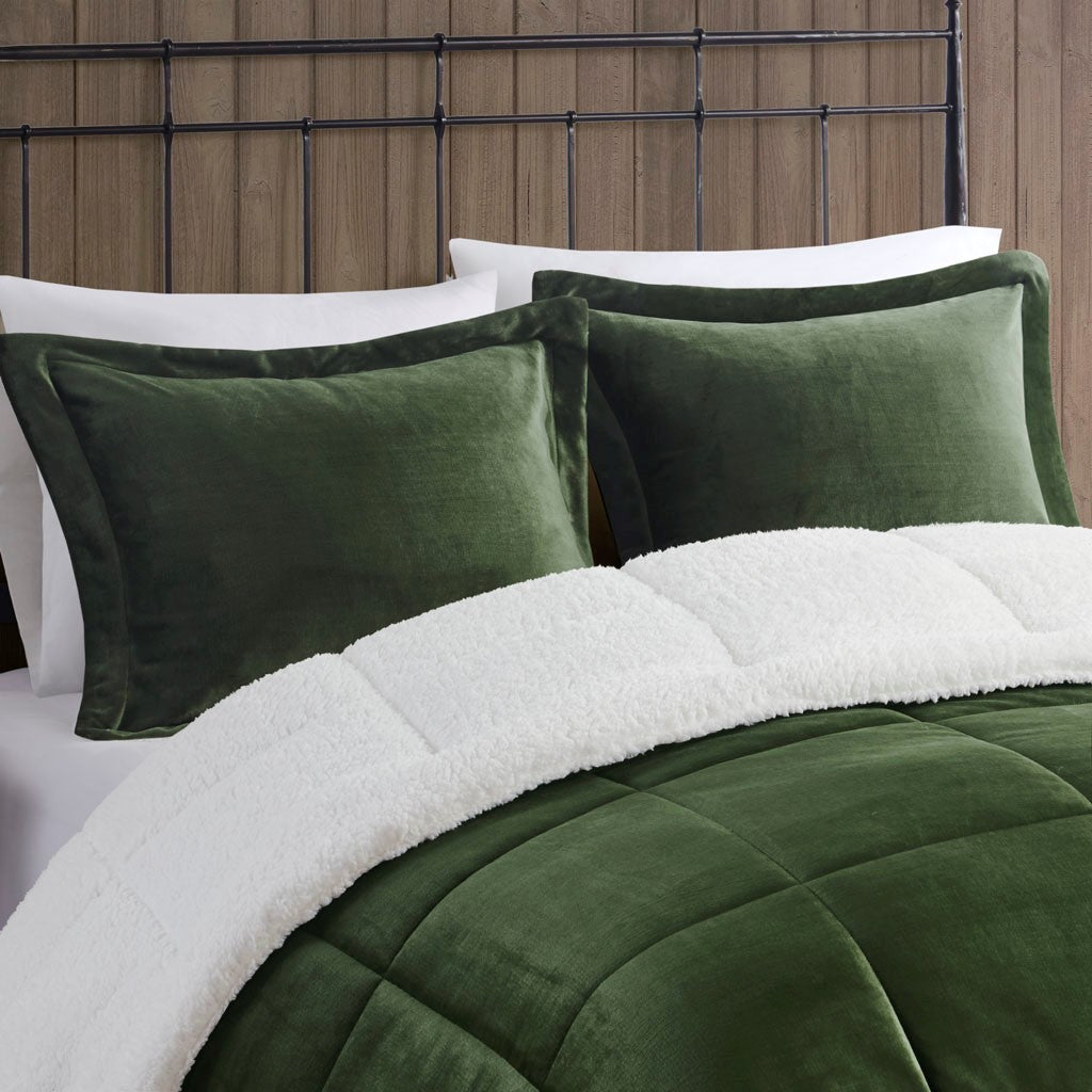 Plush To Sherpa Down Alternative Comforter Set Queen Green Ivory Polyester