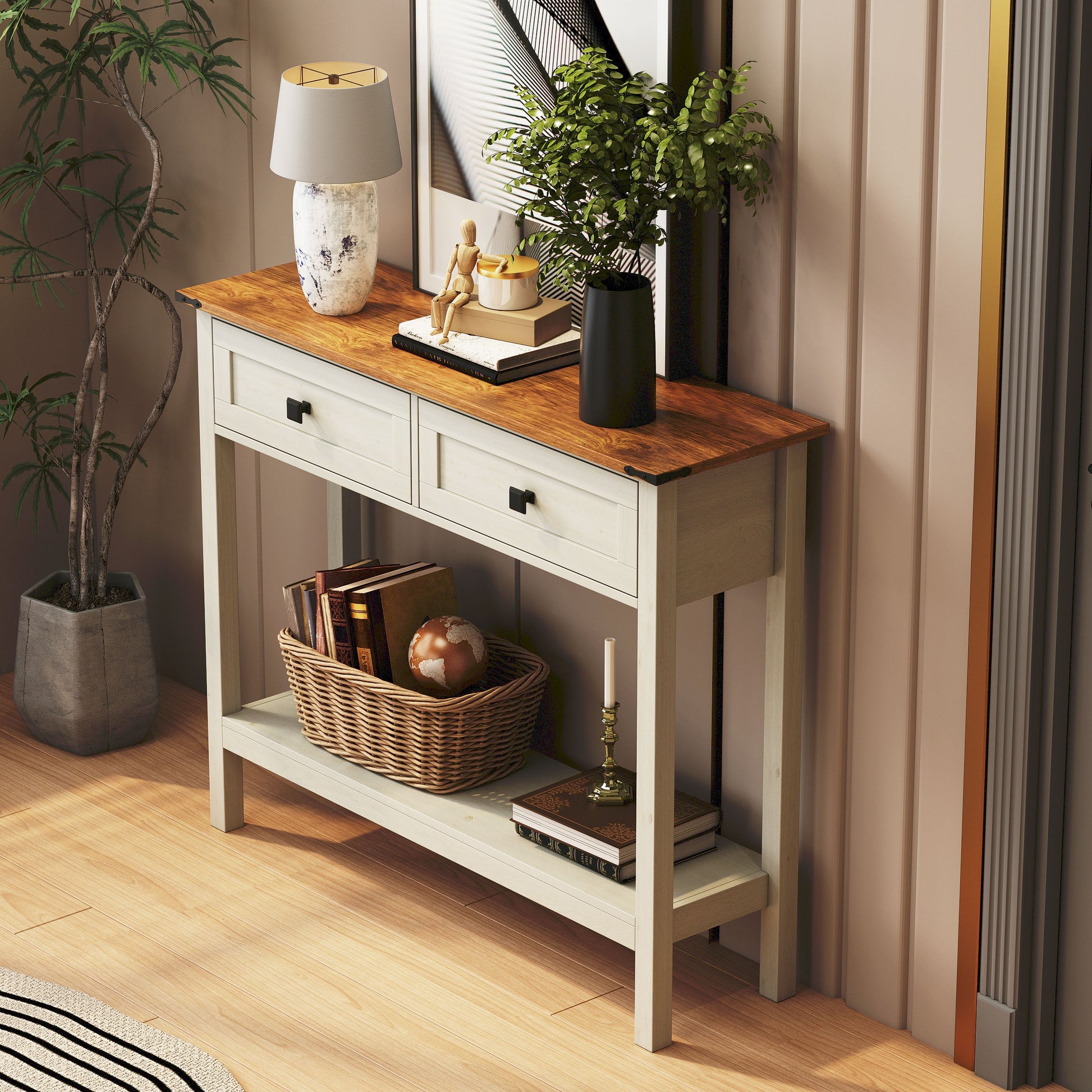 Farmhouse Style Console Table With 2 Drawer And Bottom Storage Shelf For Entryway, Rustic Side Table With Storage Drawer And Shelf For Living Room, Hallway Antique White Primary Living Space Farmhouse,Rustic Freestanding Drawers Console Tables
