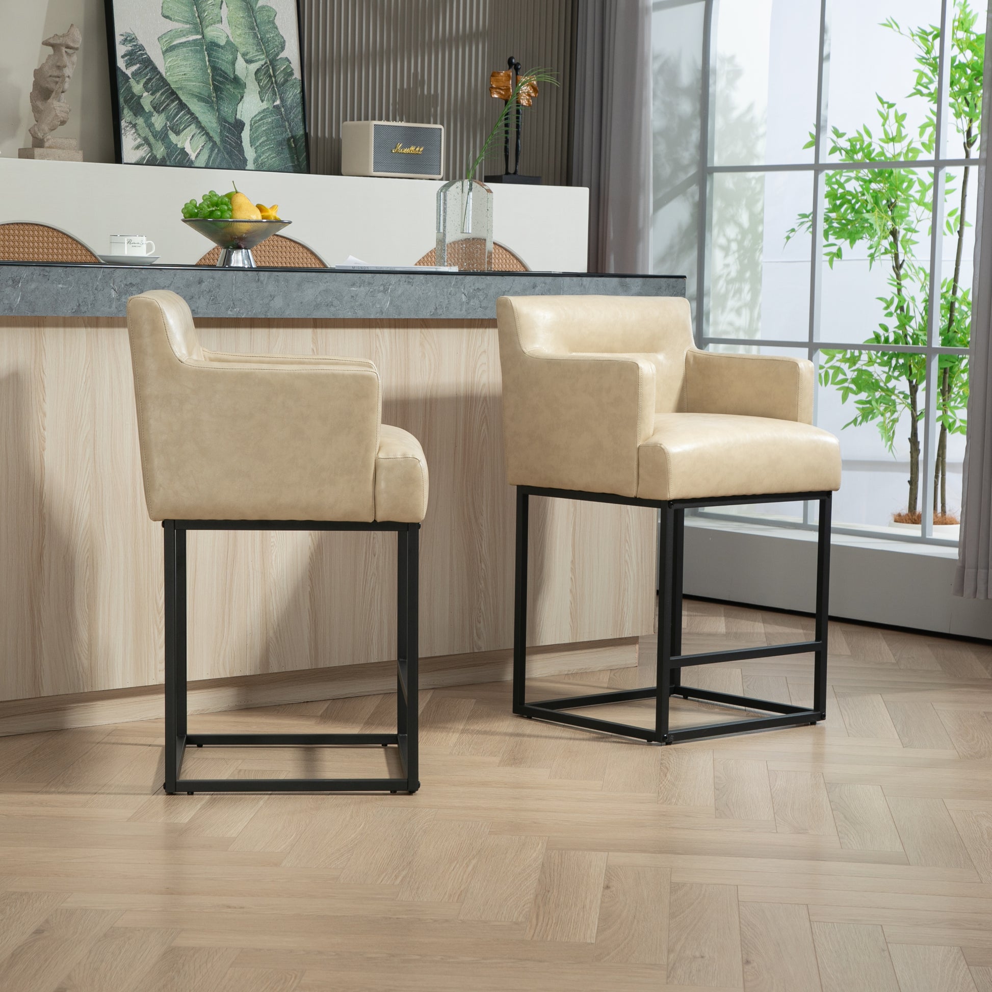 Coolmore Counter Height Bar Stools Set Of 2, Modern Barrel Bar Stool With Backrest And Arms, Black Metal Frames, Upholstered Bar Stools For Kitchen Island, Pub, Club Khaki Foam Pu Leather