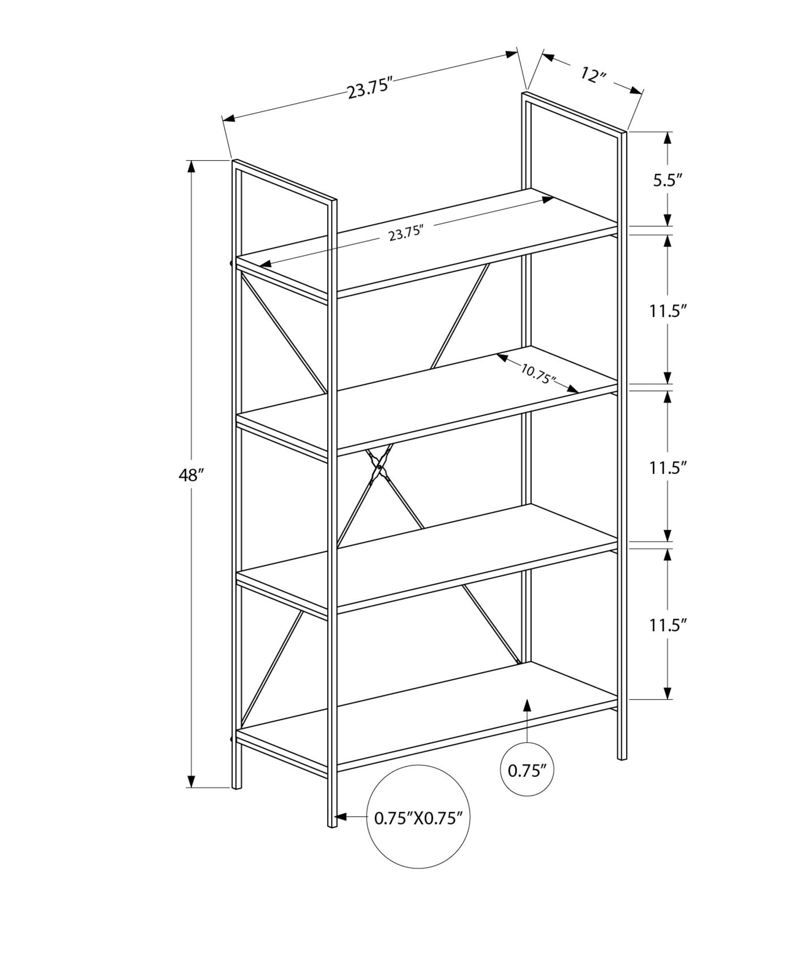 Bookshelf, Bookcase, 4 Tier, 48"H, Office, Bedroom, Brown Laminate, Black Metal, Contemporary, Modern Taupe Particle Board