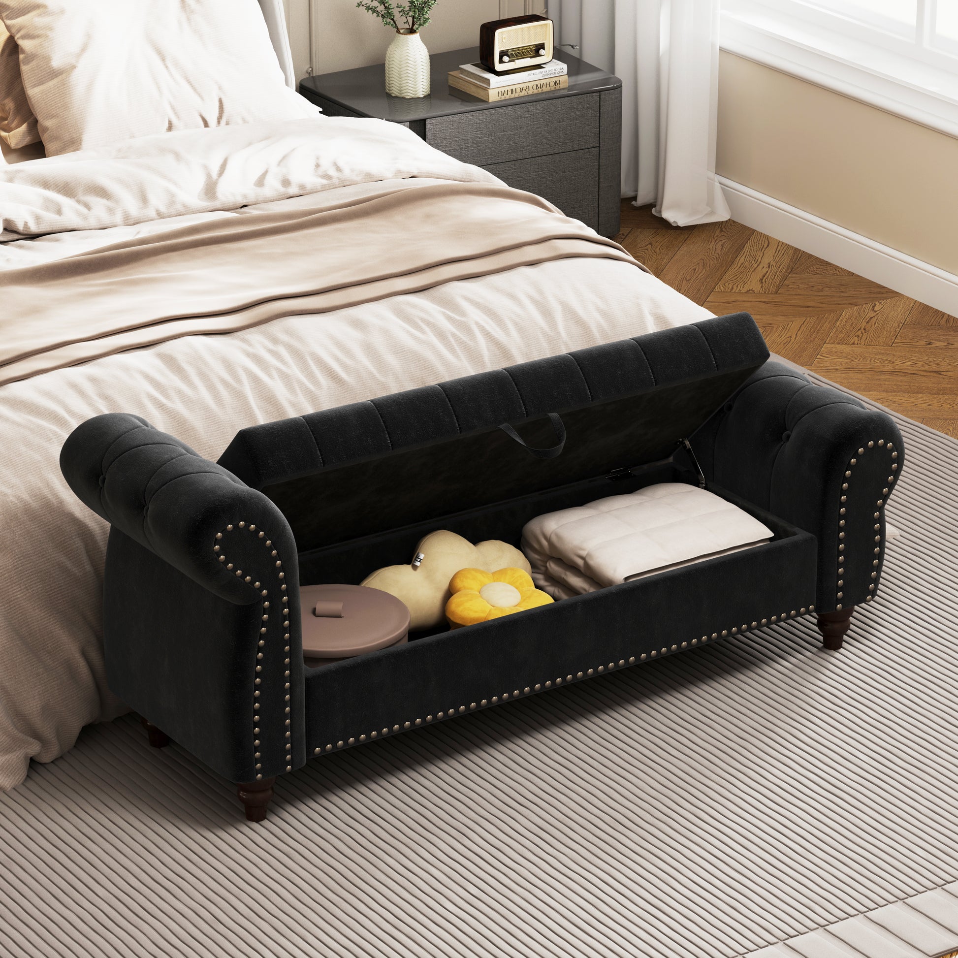 64.5" Bed Bench For Bed Room Nails Tufted Chaise Of Lounge With Storage Velvet Upholstery Black Black Bedroom Foam Velvet