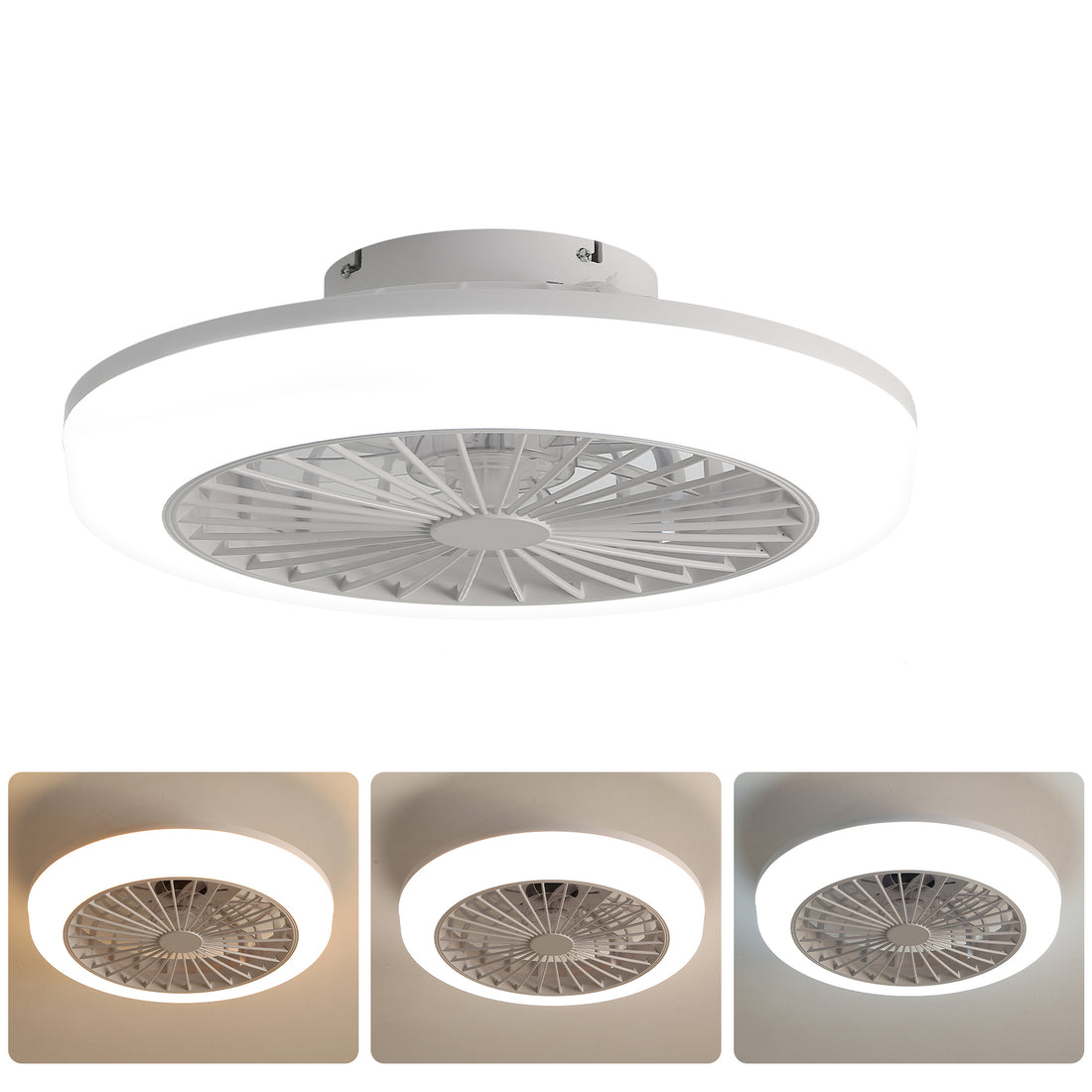 18 Inch Enclosed And Remote, Flush Mount Bladeless Modern Low Profile Ceiling Fan For Bedroom Kitchen Dining Room White Abs