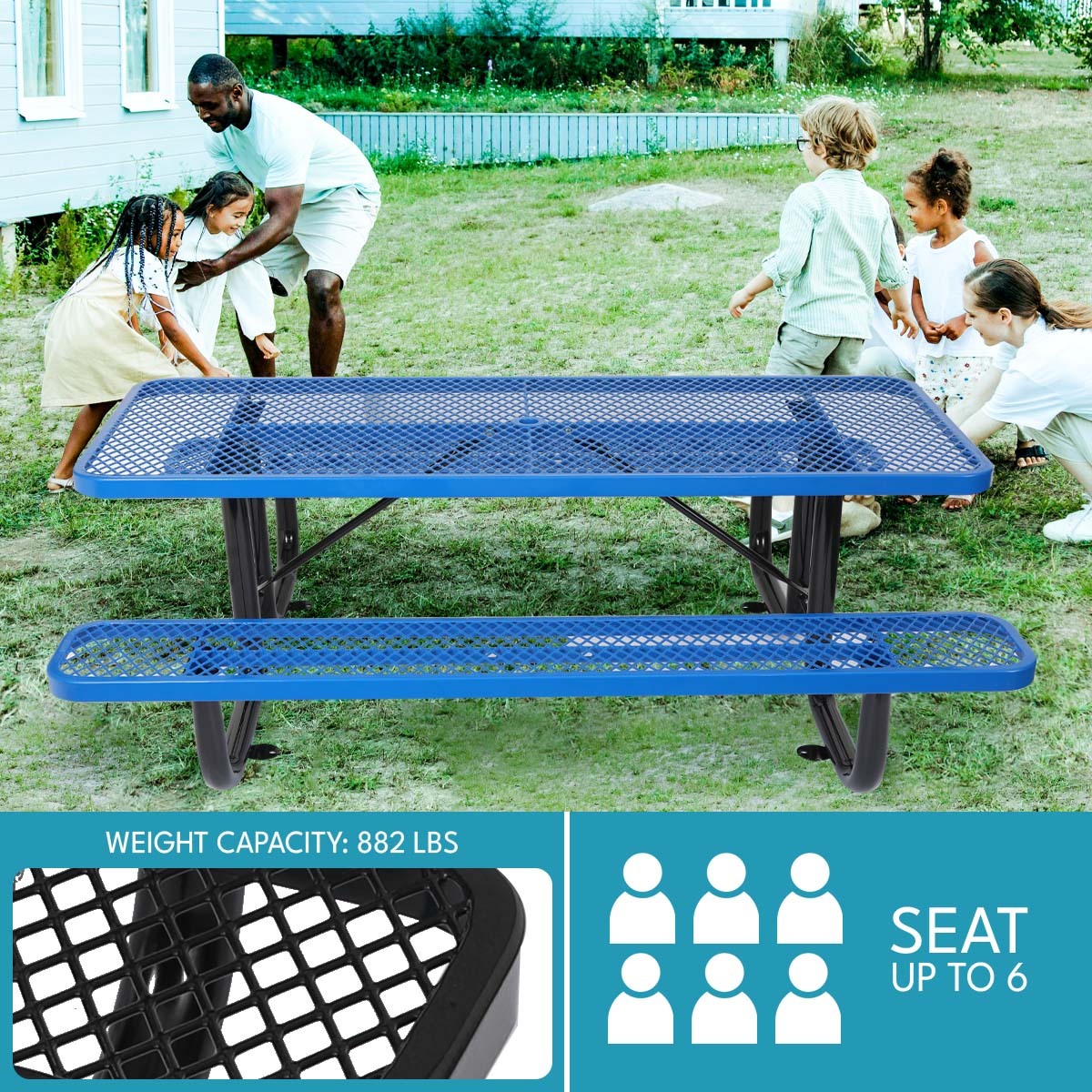 6 Ft. Rectangular Outdoor Steel Picnic Table With Umbrella Pole In Blue Blue Carbon Steel