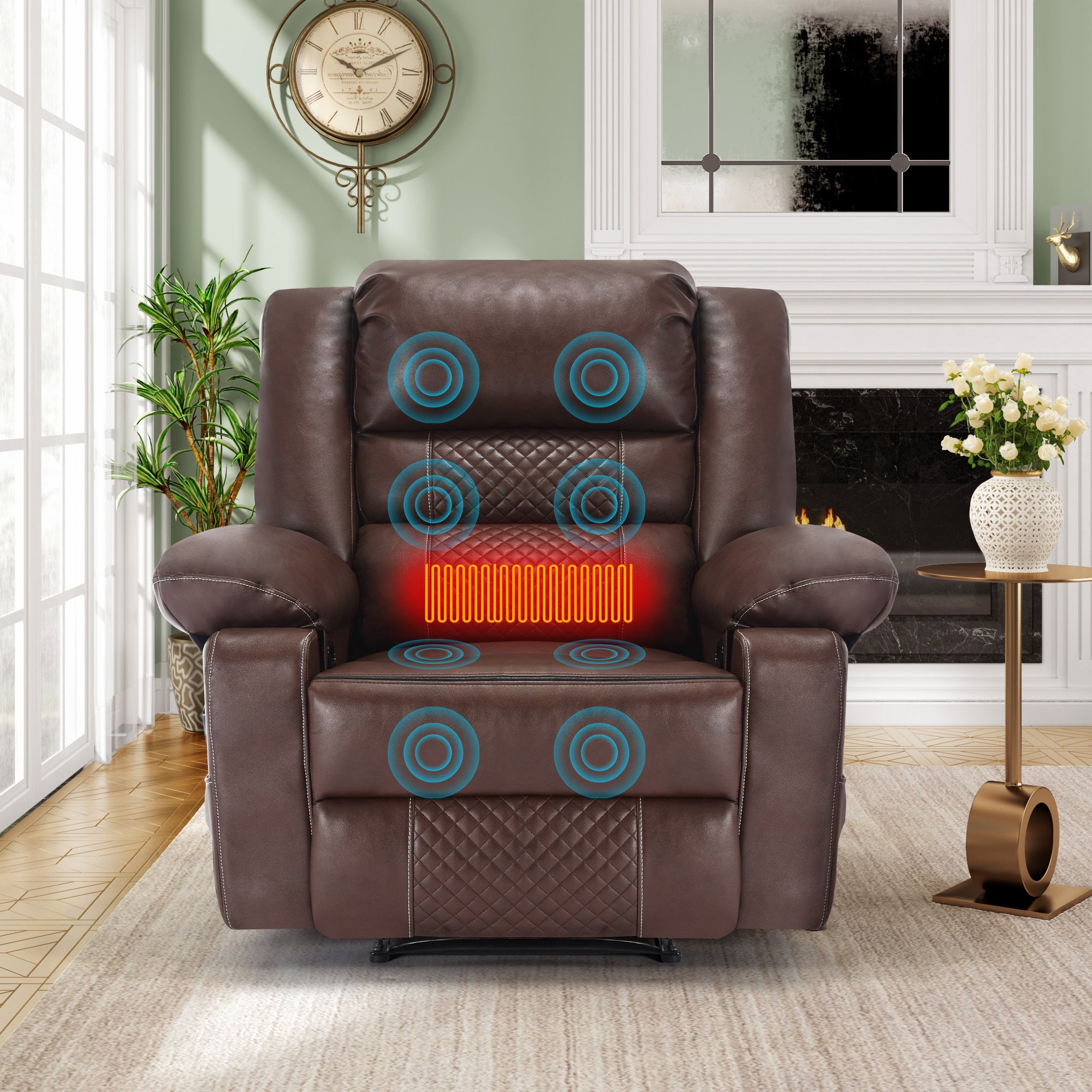 Leather Massage Recliner Chair Manual Living Room Reclining Sofa Brown Faux Leather Manual Handle Metal Primary Living Space Soft Cushion Back Heavy Duty American Design,American Traditional,Antique,Classic Pillow Top Arms Foam Pu Leather