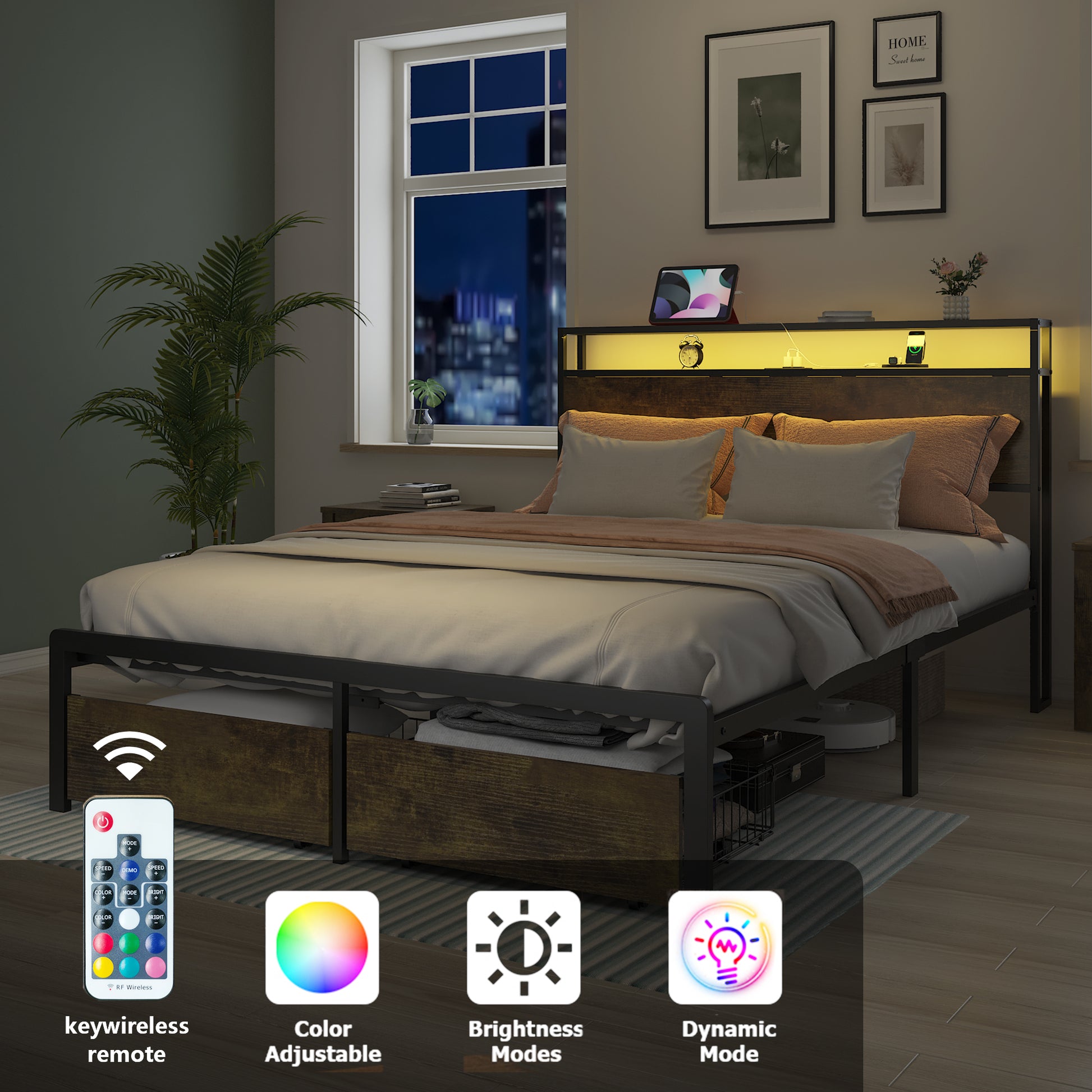 Queen Bed Frame With Led Lights And Charging Station Robust Metal Wood Construction, Rustic Wood Platform Bed Frame With 2 Drawers, No Box Spring Needed, Noise Free, Vintage Brown, Easy Assemble Box Spring Not Required Queen Black Brown Metal Brown