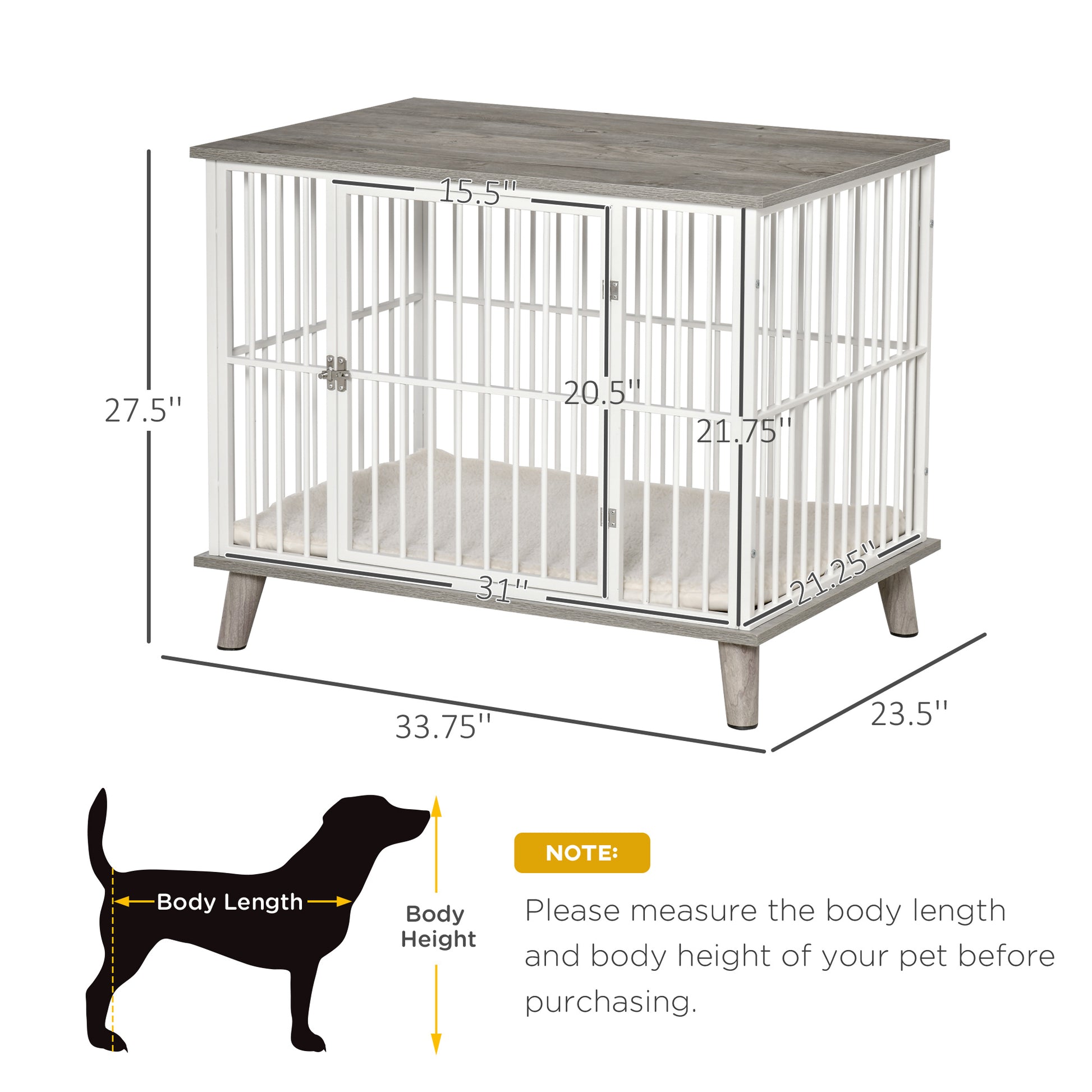 Pawhut Dog Crate Furniture, Wooden End Table With Cushion & Lockable Door, Medium Size Pet Crate Indoor Puppy Cage, Grey Grey Steel