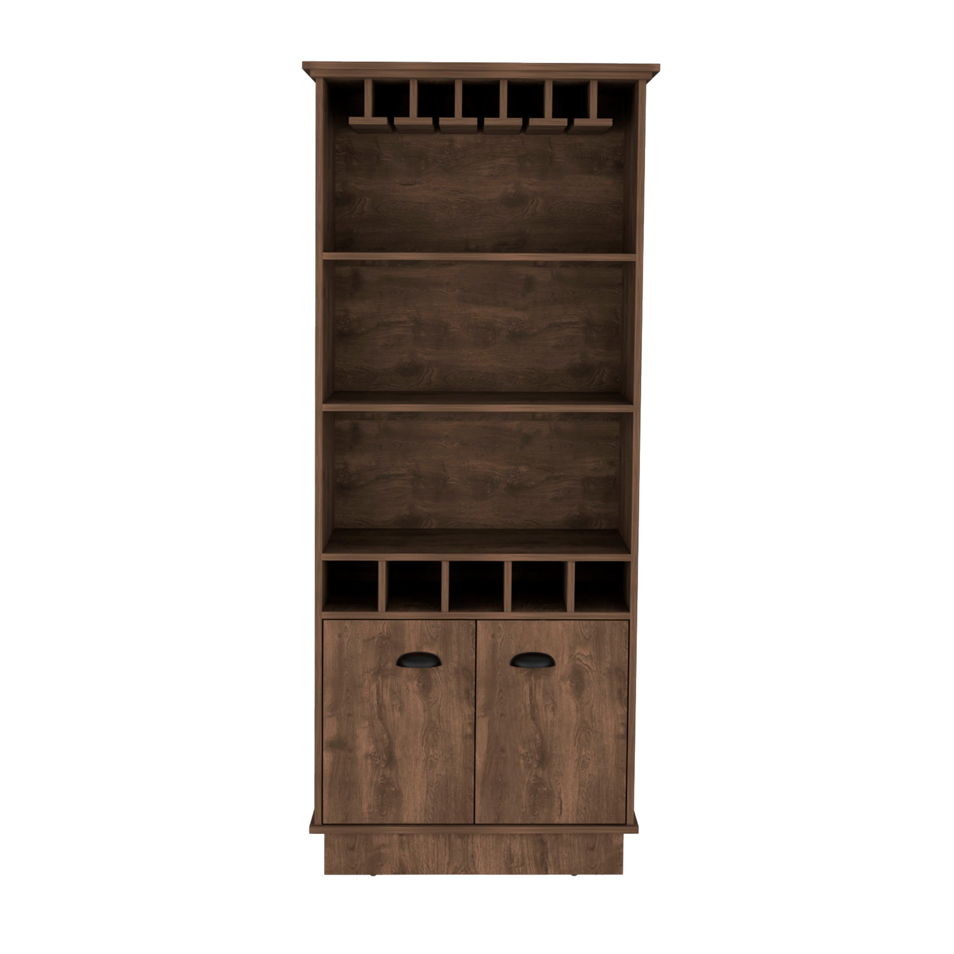 Dundee 70 Inch High 10 Glass Bar Cabinet With 5 Cubbies And 3 Open Shelves And Cabinet Brown Primary Living Space Modern Shelves Included Particle Board