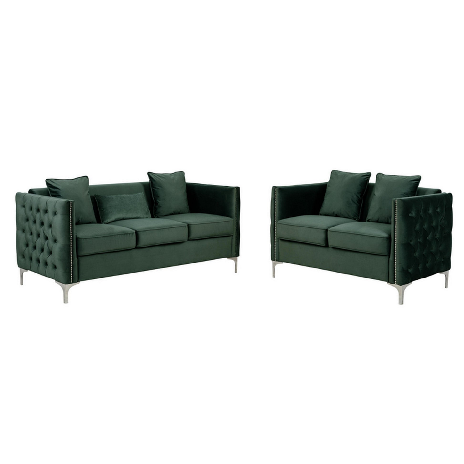 Joel Modern 2 Piece Sofa And Loveseat Living Room Set, Tufted Green Velvet Green Wood Fabric 5 Seat